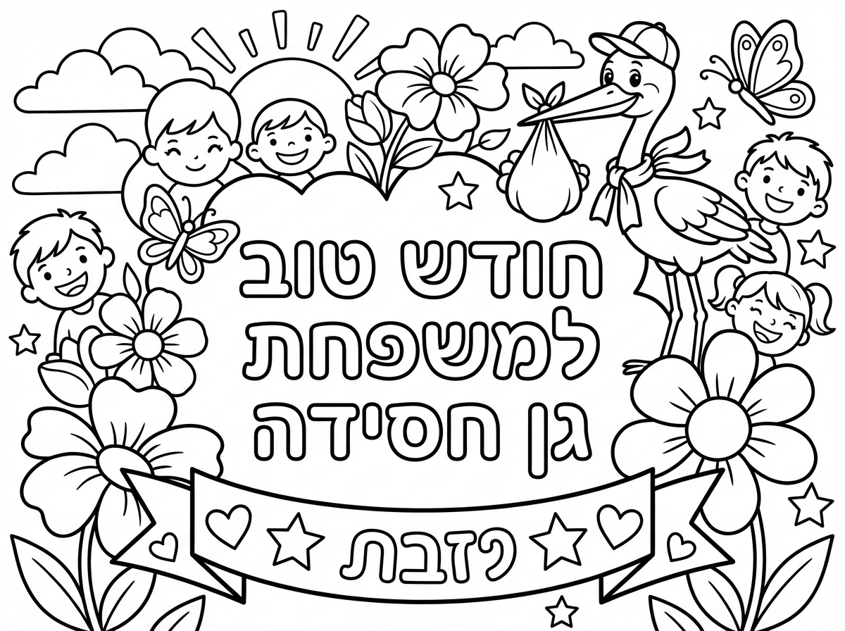 צור לי דף צביעה עם הכיתוב "חודש טוב למשפחת גן חסידה"
