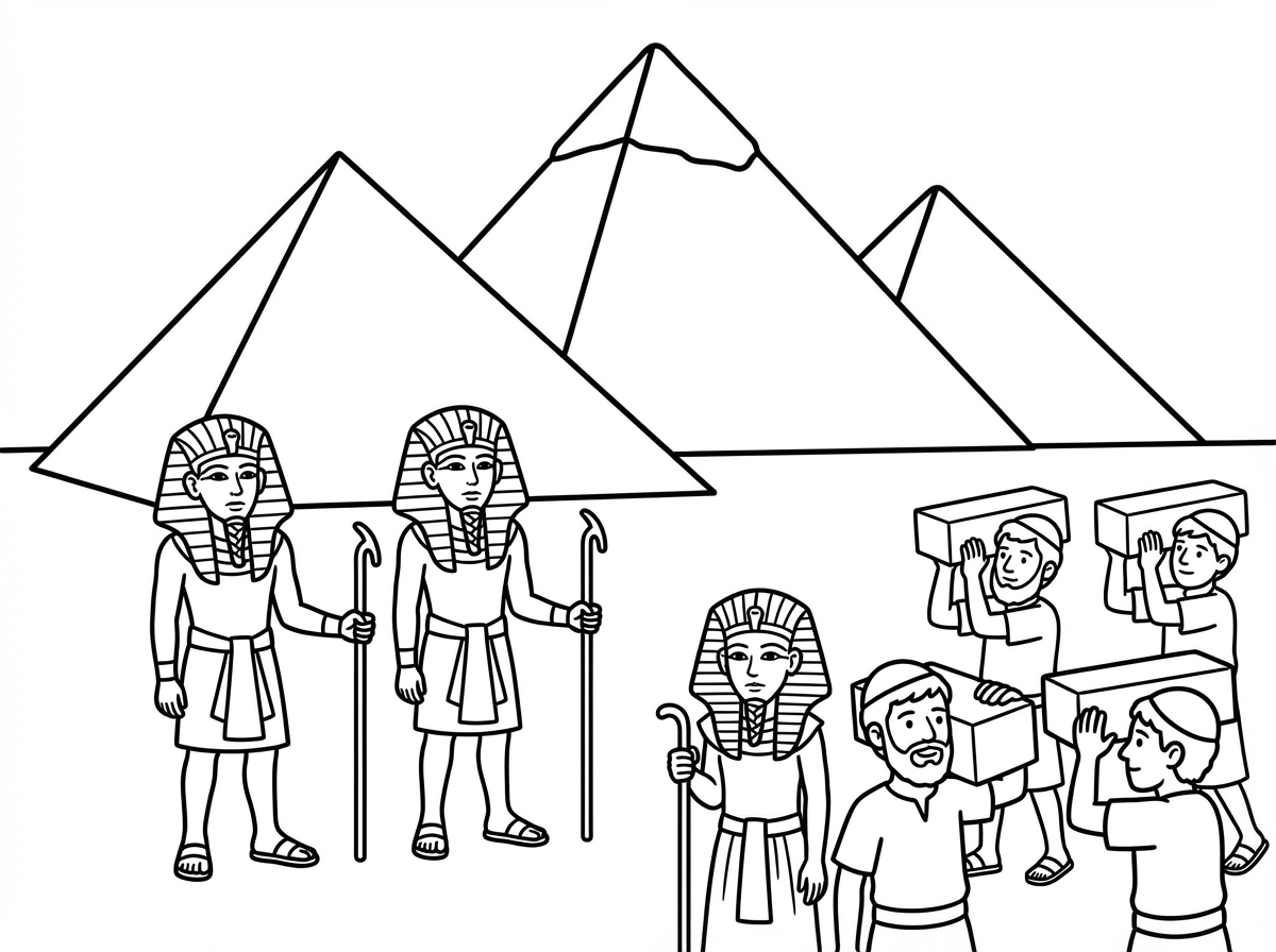 צור לי את הפרמידות של מצריים ולידם כמה פרעונים לבושים בלבוש מסורתי ואנשים עם כיפות על הראש סוחבים לבנים כבדות