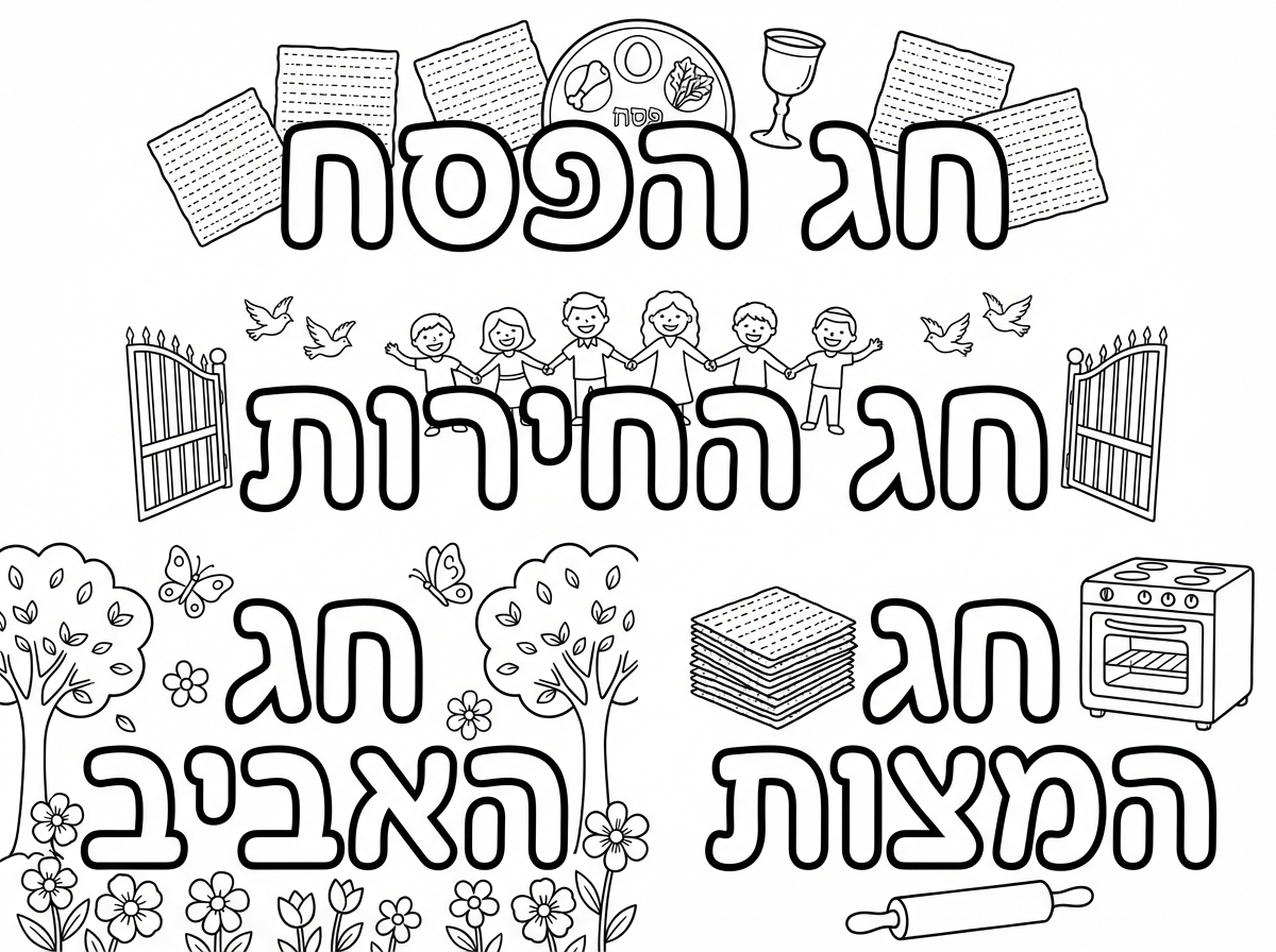 הכן לי דף צביעה לגיל 4 על שמות חג הפסח 
חג הפסח
חג החירות
חג האביב
חג המצות