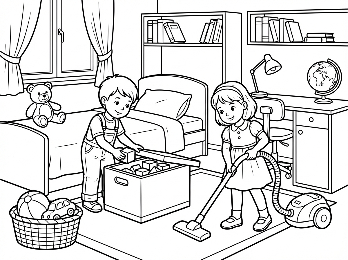 בבקשה תיצור לי דף של ילד וילדה מנקים את הבית ,ומסדרים את החדר שלהם,ממיינים את המשחקים