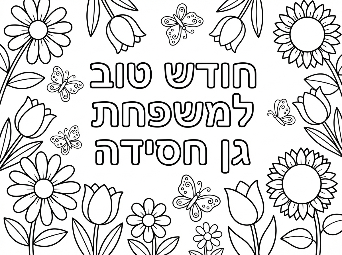 תכין דף אחר עם כיתוב באמצע  "חודש טוב למשפחת גן חסידה" ומסביב פרחים ופרפרים לא מידי קטנים.