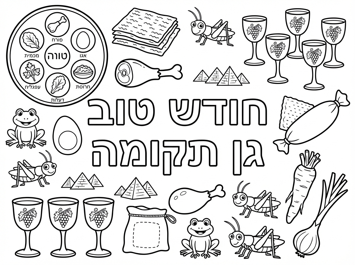 אני רוצה דף צביעה עם אלמנטים של חג פסח שיהיה כתוב חודש טוב גן תקומה