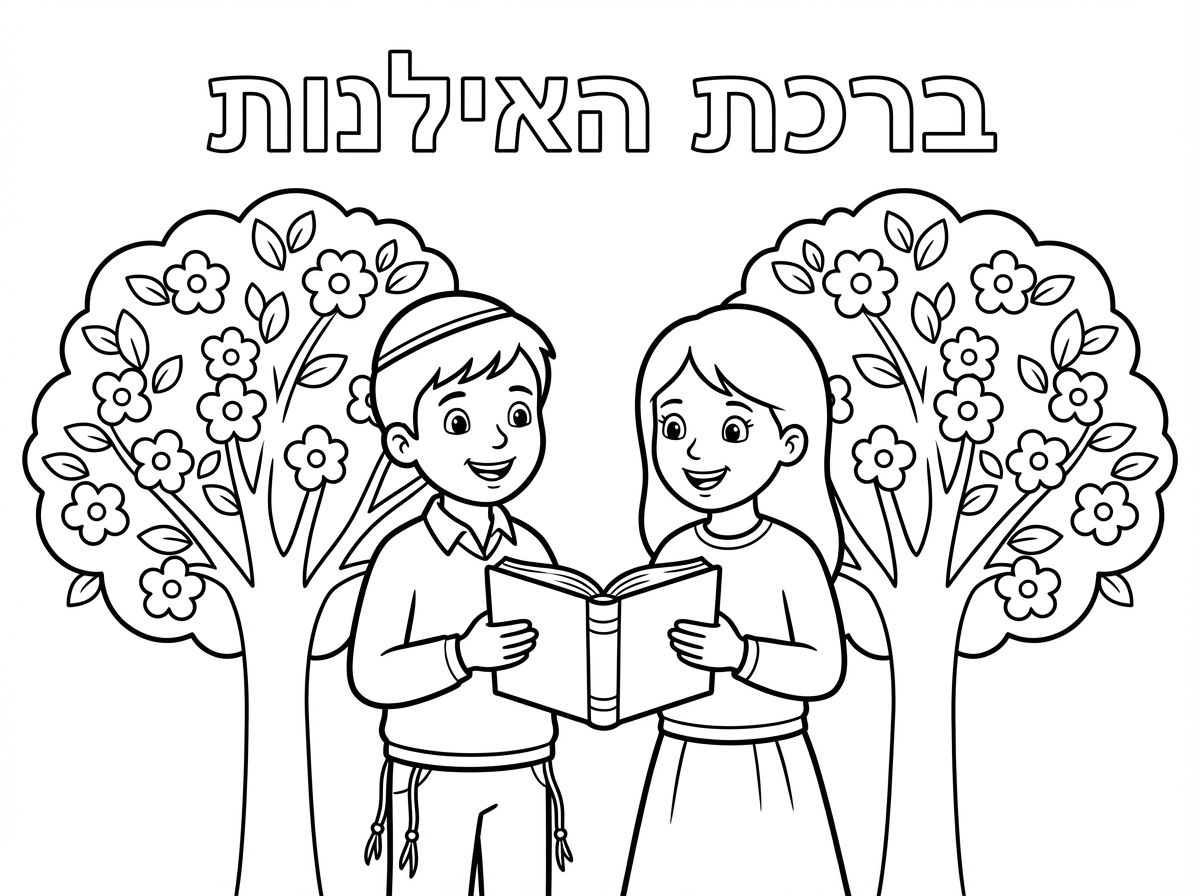 תכין לי דף צביעה,
של ילד עם כיפה וציצית וילדה עם חצאית השרוולים שמכסים את המפרק,
שעומדים ליד 2 עצים שיש עליהם פרחים. הילדים מחזיקים סידור וכתוב כותרת ברכת האילנות.