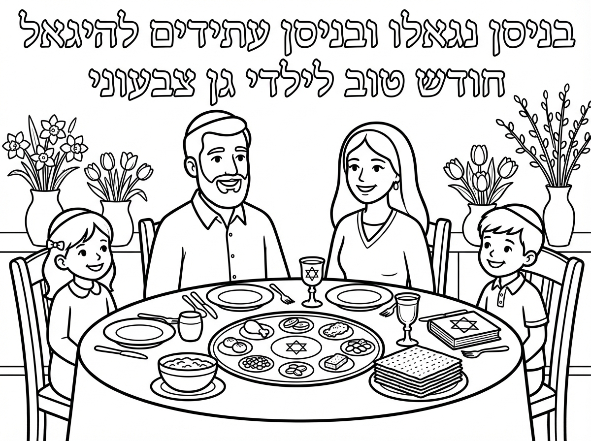 שיהיה כתוב 
בניסן נגאלו
ובניסן עתידים להיגאל
חודש טוב לילדי גן צבעוני

ושיהיה מצויר משפחה דתית עם שולחן חג הפסח ועוד פריטים יפים שקשורים לחג פסח וחג האביב.