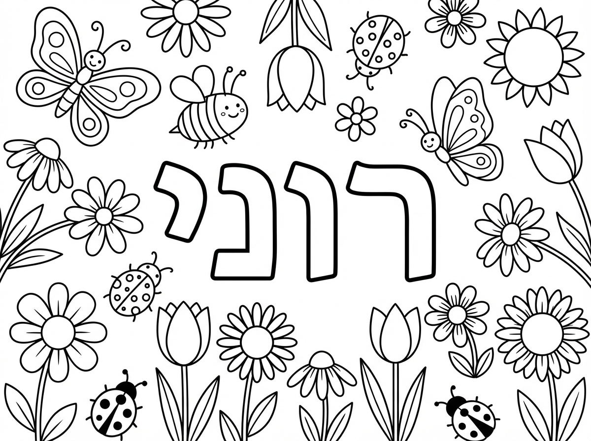 צור לי דף צביעה עם השם " רוני" וסמלי האביב מסביב כמו פרפרים, דבורה, חיפושיות, פרחים. 
השם רוני במרכז הדף באותיות חלולות.