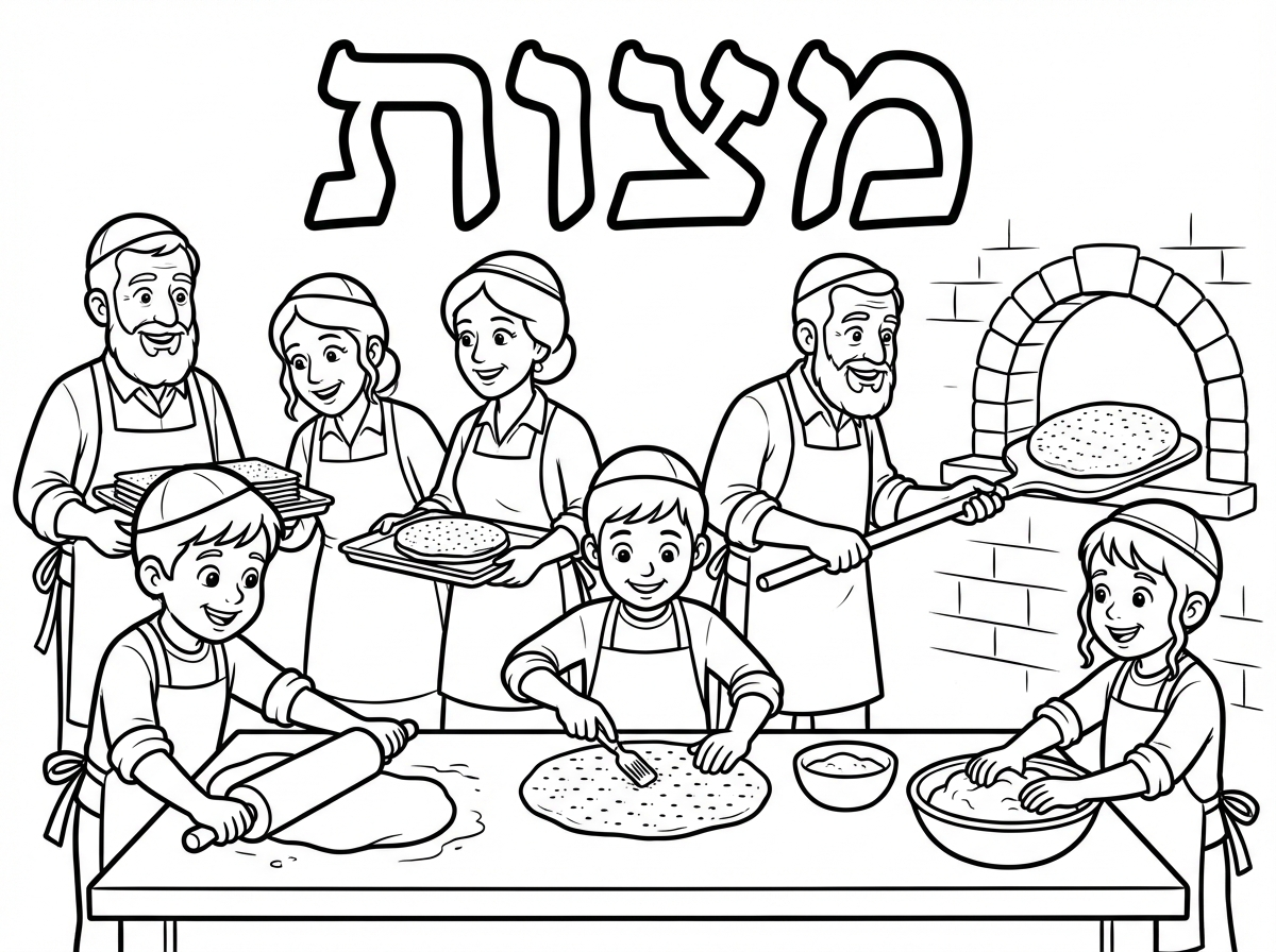 תהליך אפיית מצות -דף צביעה בעברית  עם אנשים יהודים