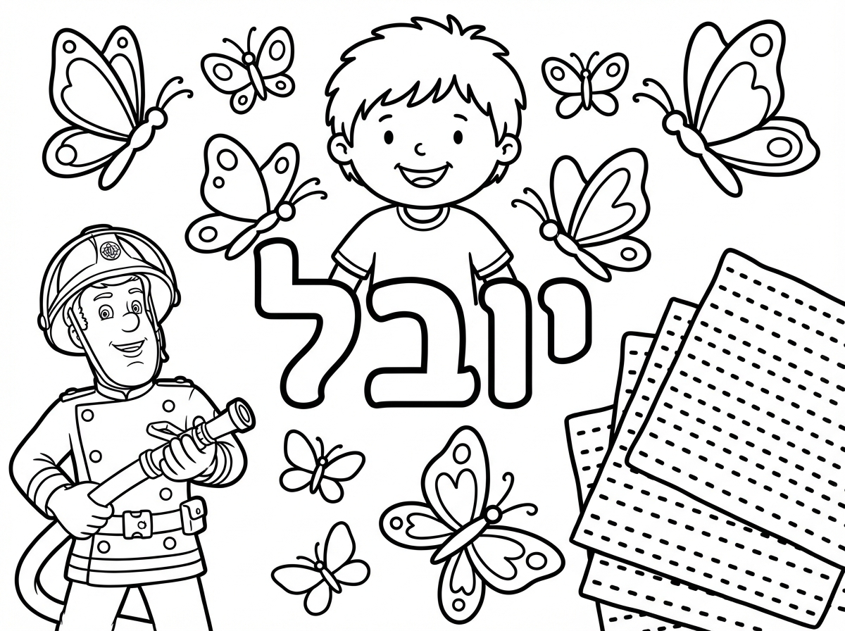 תכין לי ציור לצביעה של ילד עם פרפרים מסביב ומצות וסמי הכבאי ושכתוב באמצע יובל