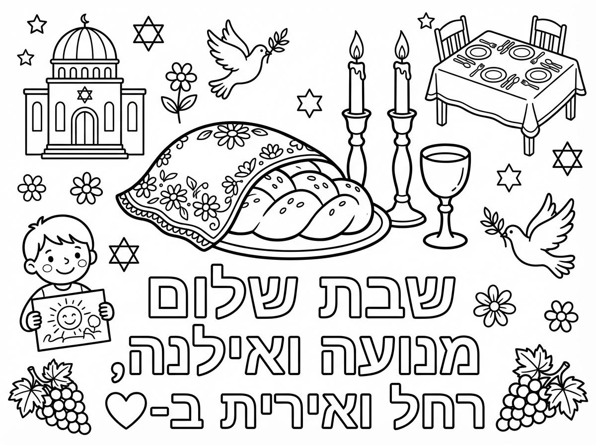 תיצור דף צביעה לשבת 
ולמטה באותיות חלולות לכתוב שבת שלום מנועה ואילנה , רחל ואירית ב-❤️