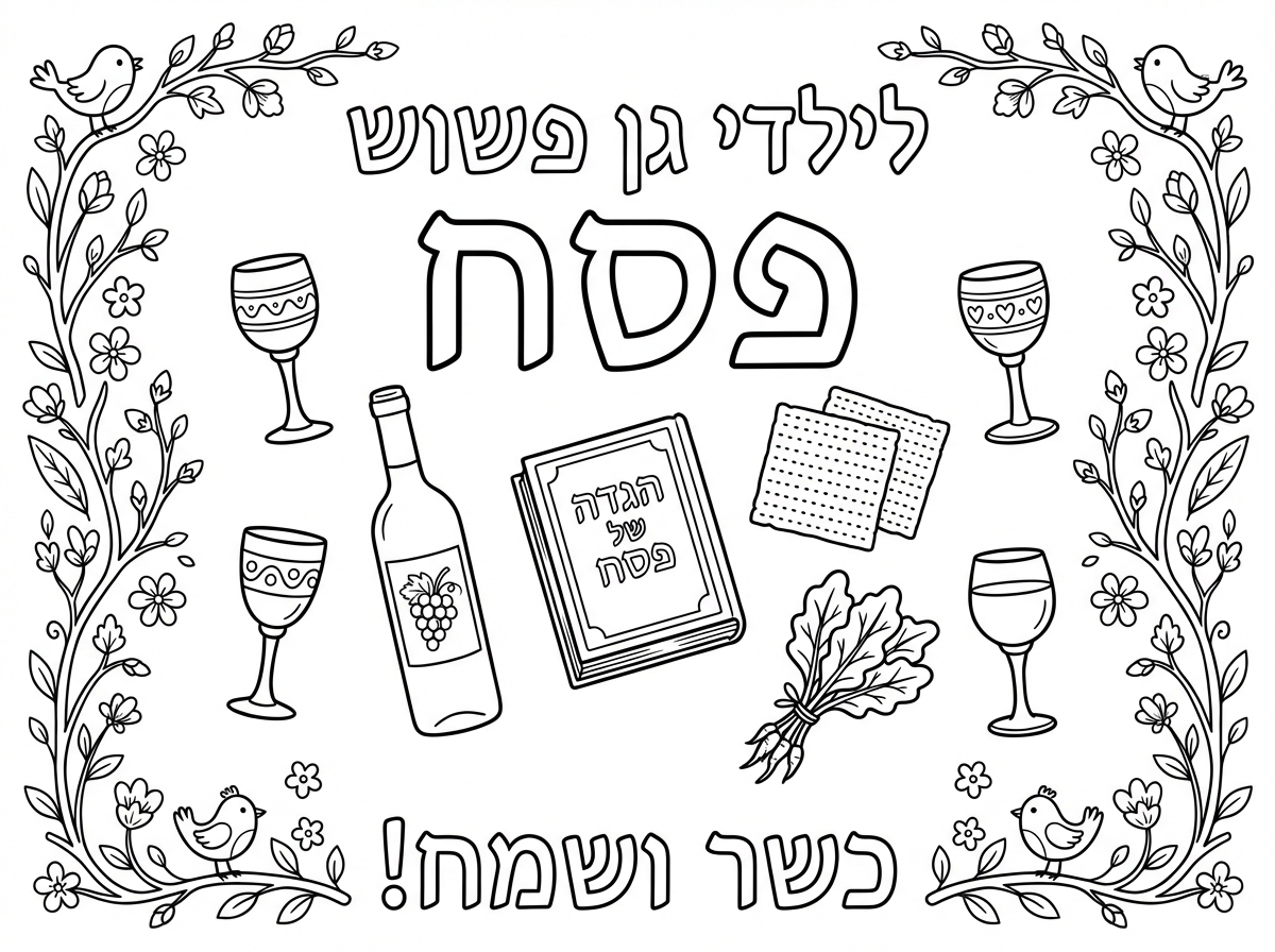 צור לי שער לחוברת עבודה לאורך.
לכתוב:
לילדי גן פשוש
פסח 
כשר ושמח!

את המילה פסח ביותר גדול
מסביב 4 כוסות יין עם בקבוק יין. הגדה של פסח. מצות ומרור
ומסגרת עדינה של אביב