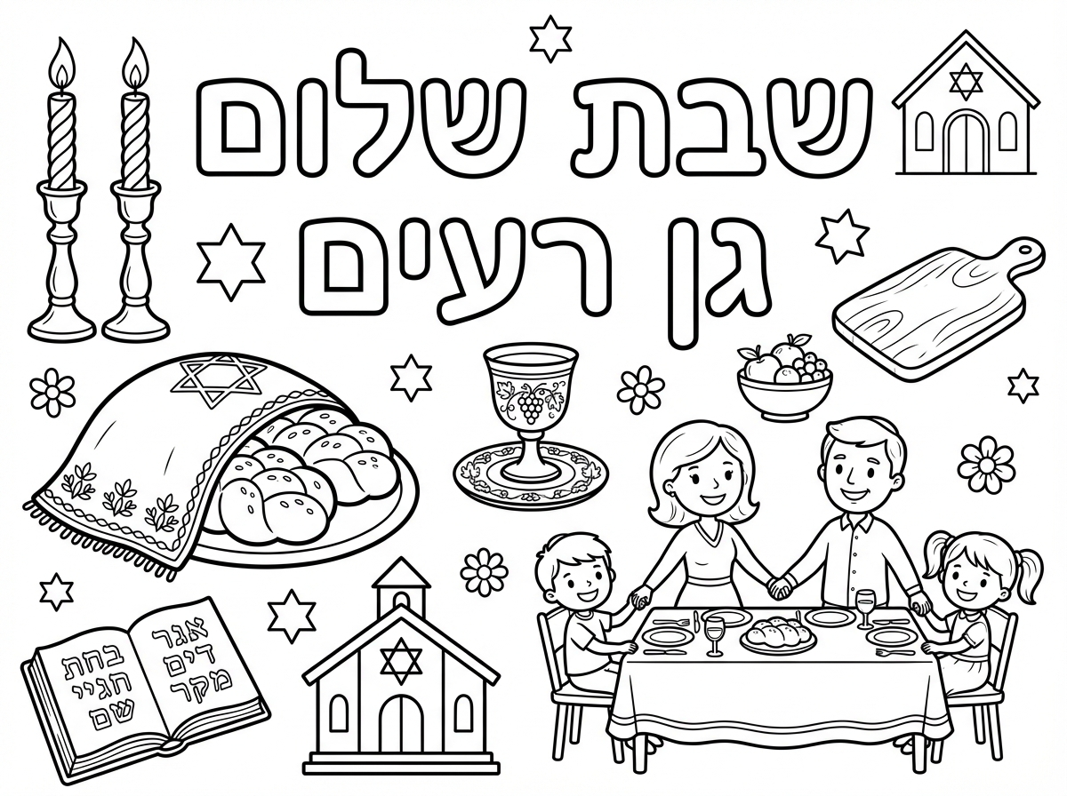 היי אני צריכה דף עם אלמנטים של שבת ושיהיה כתוב שבת שלום גן רעים