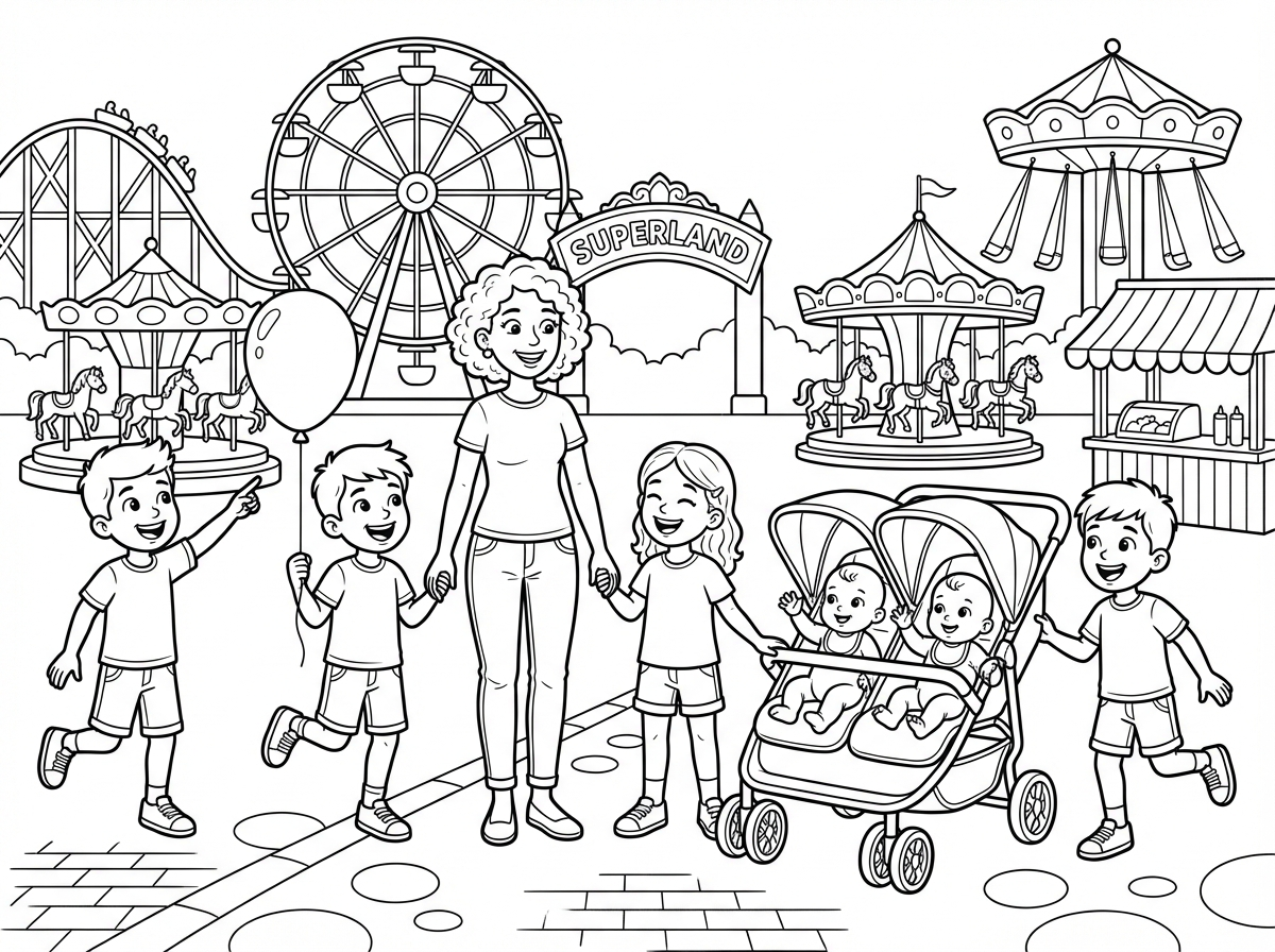 בסופרלנד ,אמא עם חמישה ילדים בגילאי 10 ועגלה עם 2 תינוקות