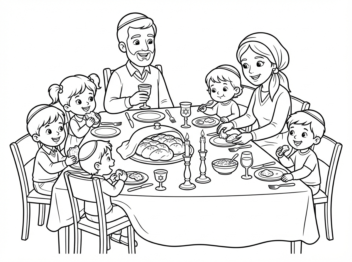 אבא עם כיפה ואמא עם מטפחת וחמישה ילדים קטנים אוכלים בשולחן שבת