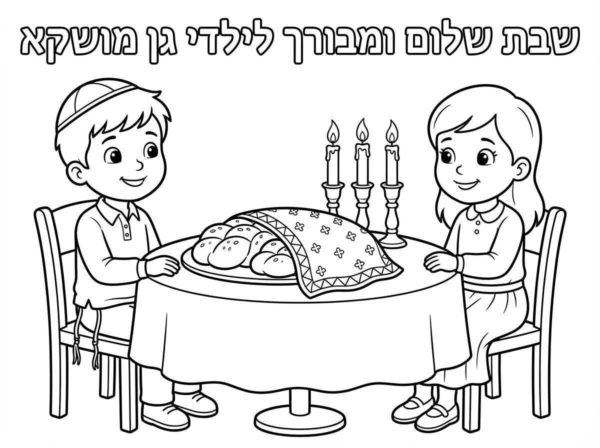 היי תכים לי בבקשה דף צביעה 
שרשום על זה 

שבת שלום ומבורך 
לילדי גן מושקא
עם ילד עם כיפה ןציצית וילדה צנןעה עם חצאית
יושבים ליד שולחן שבת בגן ועושים קבלת שבת עם חלות ו3 נרות