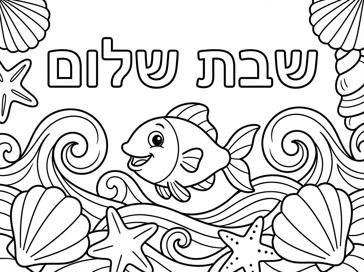 שבת שלום עם גלי ים צדפים ודג