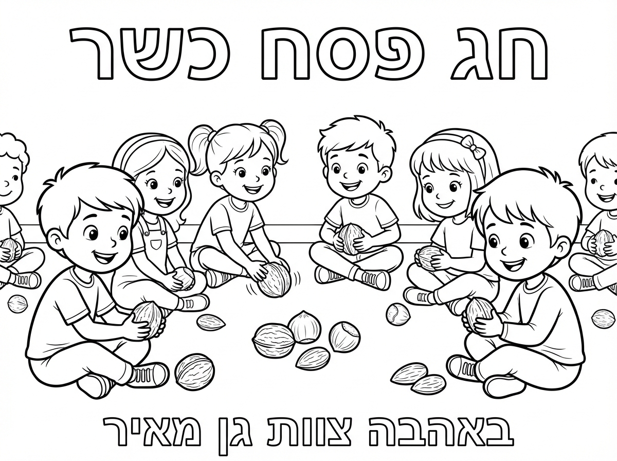 תכין לי דף צביעה לחג פסח ילדים משחקים באגוזים ולמעלה תרשום חג פסח כשר ולמטה תרשום באהבה צוות גן מאיר