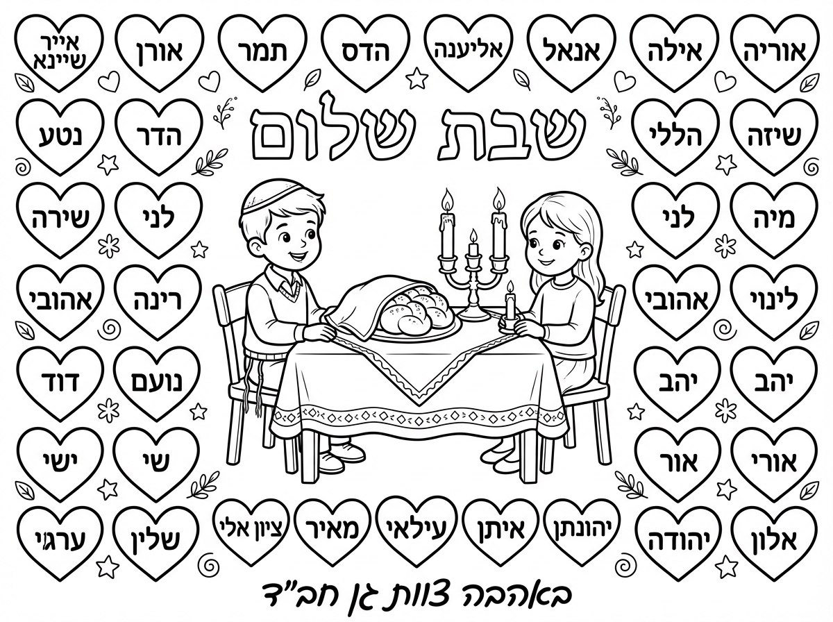 יפה אבל כל שם שיהיה רשום רק פעם 1
ולהשאיר רק את הציור באמצע ולמעלה רשום שבת שלום
ושהשמות יהיו בתוך לבבות
אייר שיינא
אורן
תמר 
הדס
אליענה
אנאל
אילה
אוריה
נטע
הדר
הללי
שיה
 שירה
לני
מיה
רינה
אהובי
לינוי
דוד 
נועם
יהב
ישי
שי
אור
אורי
ציון אלי
מאיר
עילאי
יהב
איתן
יהונתן
יהודה 
אלון

ולמטה באהבה צוות גן חב"ד