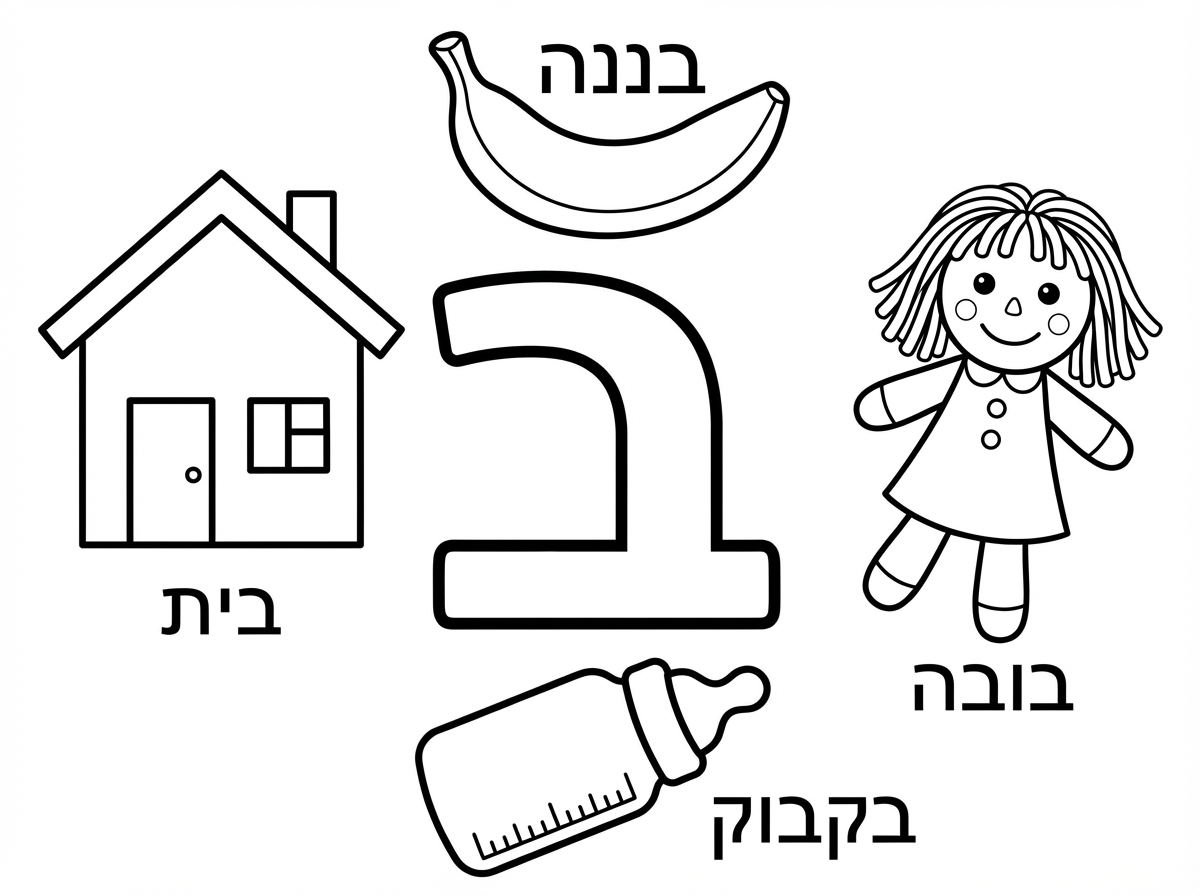 דף צביעה עם האות ב באמצע, ומסביב ציורים של דברים המתחילים באות ב