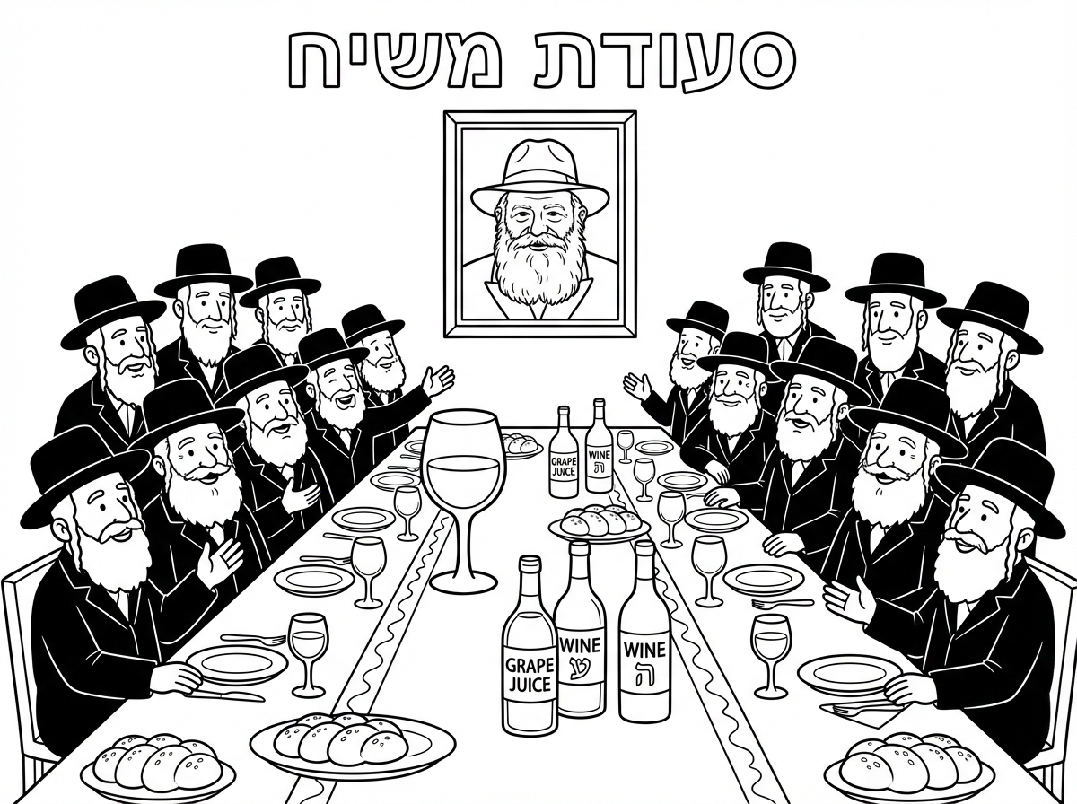 לרשום סעודת משיח
ציור של שולחן ארוך עם התמונה של הרבי מליובביץ' וחסידים יושבים לידו. ועל השולחן כוס של יין בלי רגל, מיץ ענבים, יין, כמה בקבוקי יין, ארבע כוסות בלי רגל, מפה על השולחן, ומסביב הרבה הרבה הרבה חסידים. לרשום סעודת, סעודת משיח. סעודת משיח. תודה.