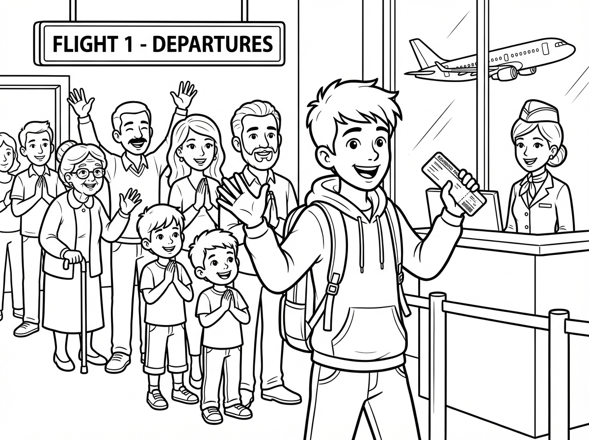 ילד בן 15 נירגש ומאושר
עומד ראשון בתור לטיסה.
מאחוריו יש הרבה ילדים ומשפחה וסבתא ודודים ודודות שמתפללים ומנפנפים לשלום. הילד נרגש ומתלהב.