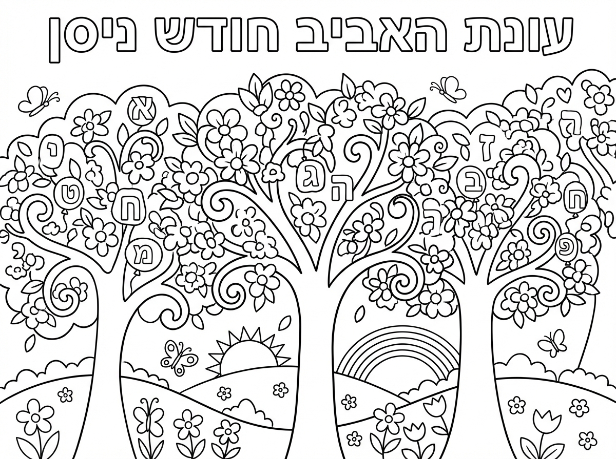 שלום, אני רוצה שתיצור לי דף צביעה המציג את עונת האביב עם אילנות פורחים. שם הכותרת: עונת האביב חודש ניסן. אני רוצה שתחביא בתוך האיור את אותיות האלף-בית בכתב דפוס-בלון
העבודה מיועדת לילדים בגן חובה גילאי 6.