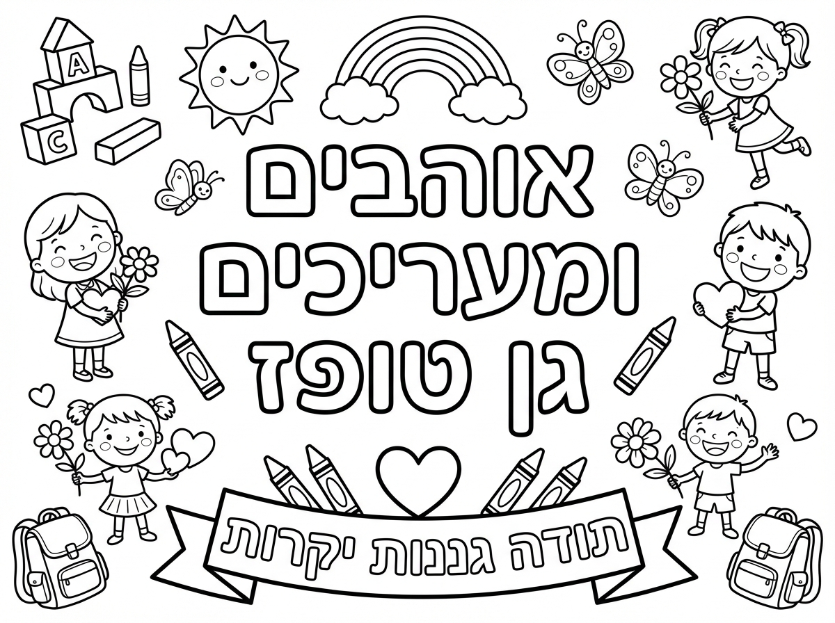 תוכל ליצור לי דף כזה להדפסה בגודל A5
לכתוב אוהבים ומעריכים גן טופז
ולהוריד את הסמל של בית הספר מצד שמאל למעלה