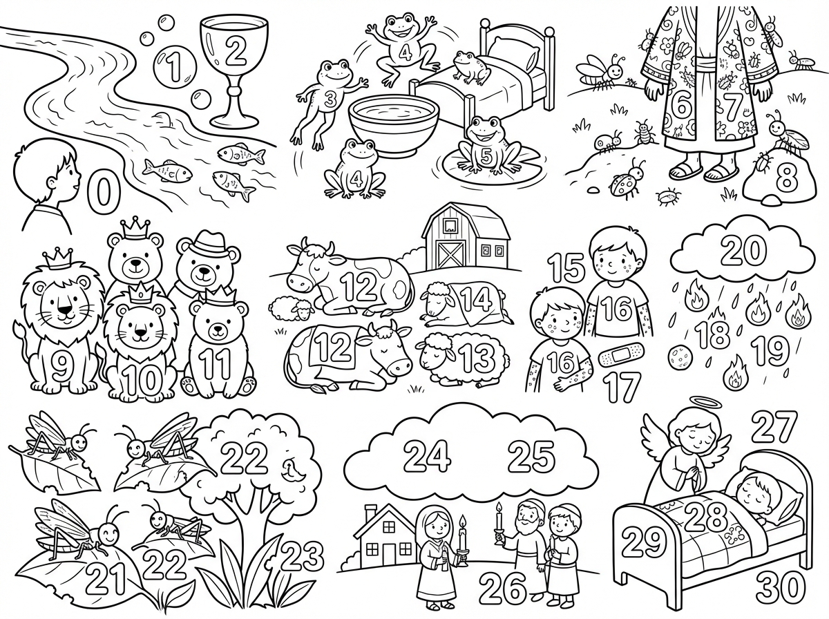 צור דף צביעה אינטראקטיבי לילדים בגיל גן חובה, סביב חג הפסח, בנושא עשרת המכות.
הדף צריך להיות מותאם לילדים בני 6, ברור, ידידותי, מעניין ונעים לצביעה.

הנחיות חשובות:

הדף יכלול איורים המייצגים את עשרת המכות, בצורה עדינה, חינוכית, לא מפחידה ולא עמוסה.

יש להקפיד שהאיורים יהיו צמודים למקור הכתוב והמסורתי של עשרת המכות.

יש להחביא בתוך הדף את המספרים 0 עד 30, כך שהילדים יוכלו לחפש ולמצוא אותם.

המספרים החבויים צריכים להיות:

גדולים יחסית

ברורים לזיהוי

מעוצבים בסגנון כתב בלון

משולבים בצורה טבעית בתוך האיורים

יש להסיר לחלוטין כל מילה באנגלית.

כל הטקסט בדף, אם יש צורך בטקסט, יהיה בעברית בלבד.

יש להפחית עומס חזותי, לשמור על קומפוזיציה נקייה, עם קווי מתאר ברורים ונוחים לצביעה.

הסגנון צריך להיות של דף צביעה שחור-לבן, עם קווים ברורים, ללא הצללות כבדות, ללא רקעים עמוסים וללא פרטים קטנים מדי.

האווירה הכללית צריכה להיות חגיגית, יהודית, חינוכית ומותאמת לילדים.

דגשים חזותיים:

כל אחת מהמכות תיוצג באיור פשוט, מזוהה וברור לילדים.

יש לפזר את האלמנטים בצורה מאוזנת על פני הדף.

יש להשאיר מספיק שטחים פתוחים לצביעה.

המספרים המוחבאים צריכים להיות חלק מהאיורים אך עדיין ניתנים למציאה בקלות יחסית לילדי גן חובה.