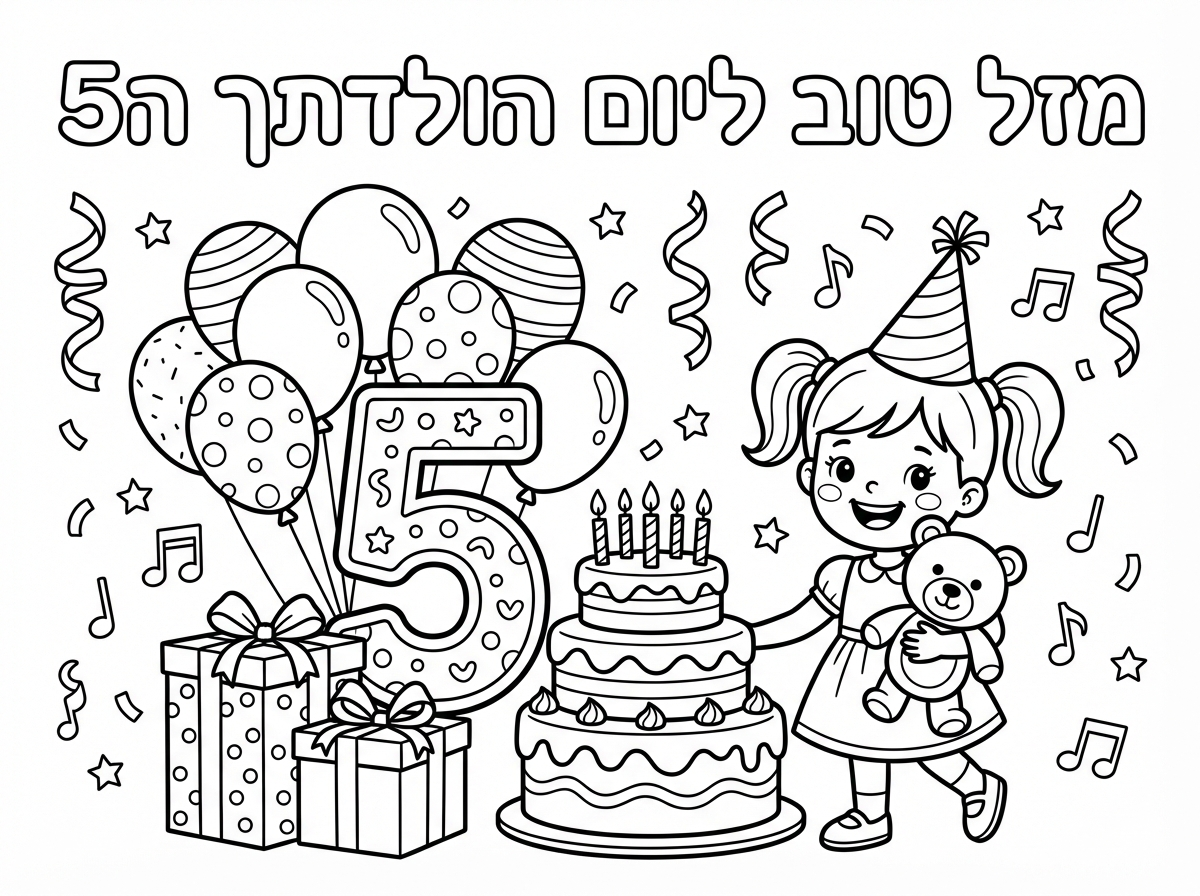 בבקשה תכין לי דף צביעה לכריכה של אלבום ציורים לילדת יום הולדת גיל 5 עם כיתוב מזל טוב ליום הולדתך ה5