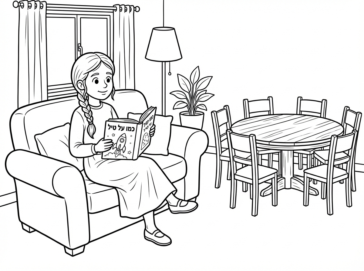 ילדה חרדית בלי מטפחת עם צמה רוצה להתחיל לקרוא ספר ששמו כמו על טיל והיא יושבת על הספה בסלון וליד הספה יש שולחן ומסביב יש 6 כסאות ושלספר יהיה כריכה יפה שמצויר על זה טיל