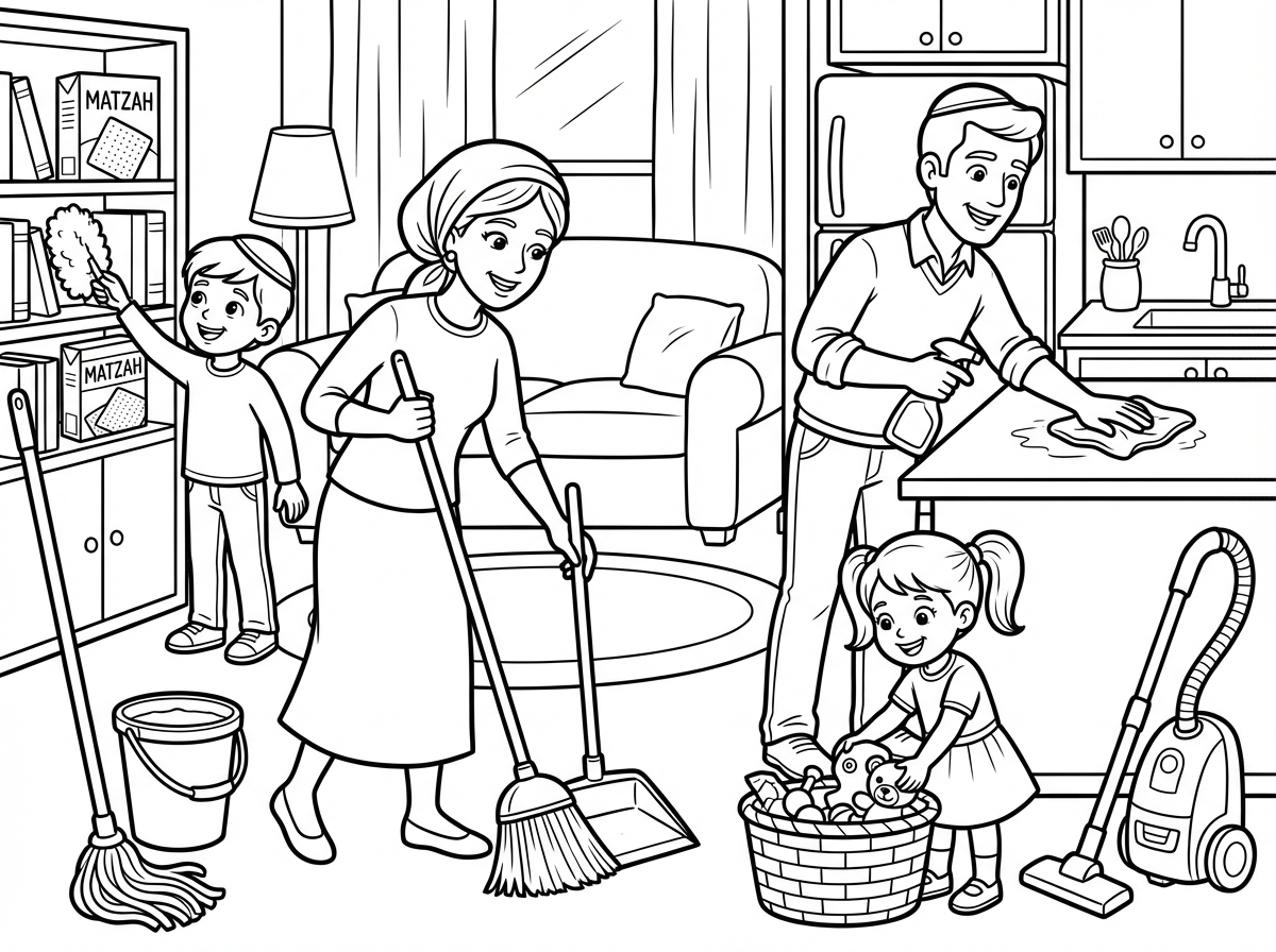 תעשה דף צביעה של משפחה שמנקה את הבית לפסח