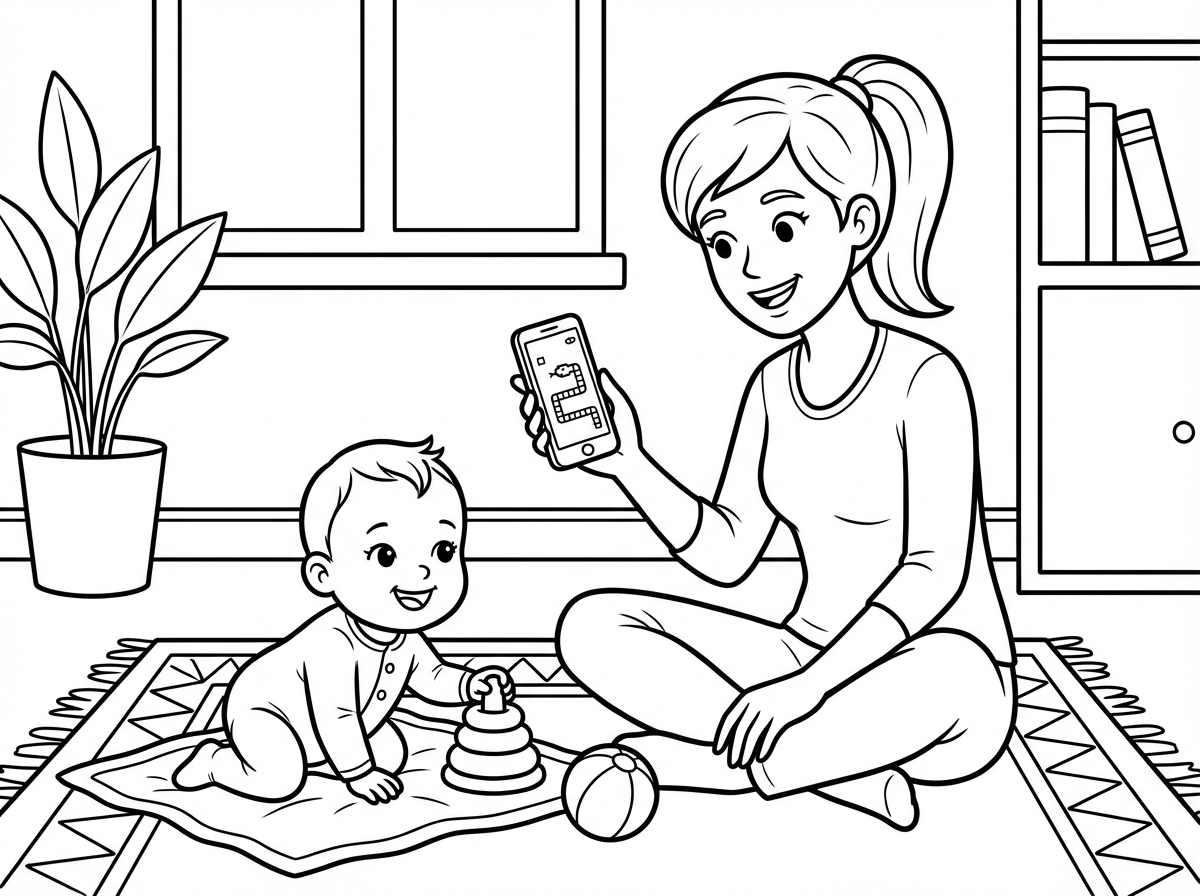 עכשיו דף צביעה של אשה משחקת בפלאפון משחק נחשים. ובריצפה יש תינוקת