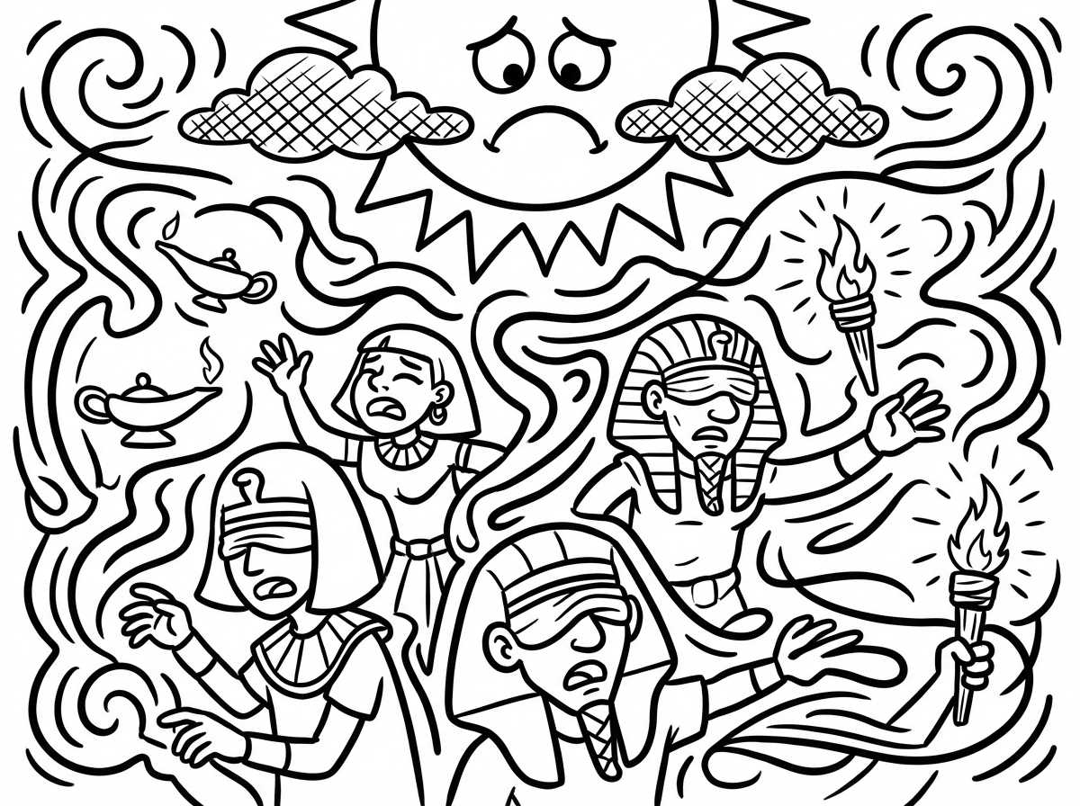 צור לי תמונה בסגנון וקטורי של מכת חושך במצרים. התמונה מוחשכת ודמויות של מצרים לא רואים