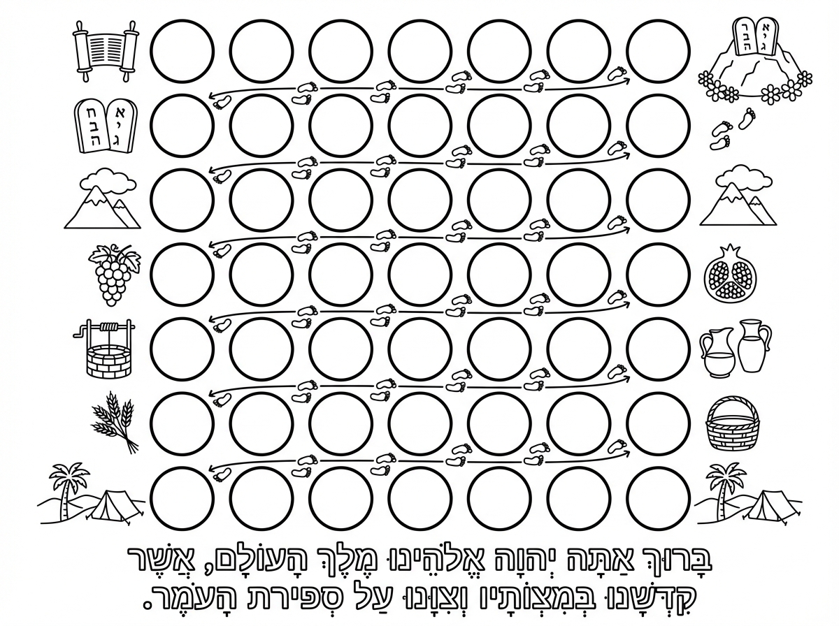 תוכל ליצור לי לוח ספירת העומר צבעוני לילדים ביסודי שמדביקים על הלוח מדבקות קטנות שמגיעים בסוף למתן תורה ואת הברכה למטה שאומרים