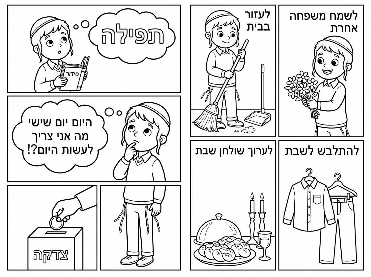 ילד 
עם כיפה חלקה
חולצה לבנה
מכנס כחול כהה חוטי ציצית

הכל בבנים

תפילה רק המילה תפילה עם סידור 

יש על הפה חושב
היום יום שישי
מה אני צריך לעשות היום?!

צדקה
המילה צדקה עם יד עם מטבע וקופת צדקה

לעזור בבית הילד עם המטאטא

לשמח משפחה אחרת
הילד מחזיק  פרחים

להתלבש לשבת ציור חולצה מכופתרת ומכנס שחור

לערוך שולחן שבת
ציור שולחן חגיגי
עם שתי חלות מפית ושתי נרות לא דלוקים