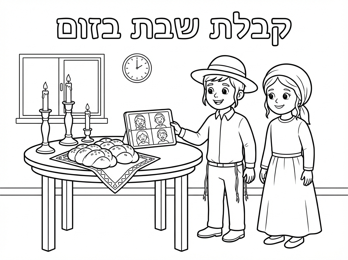 כותרת 
״קבלת שבת בזום״

ליד שולחן
ילד קטן עם כיפה וכובע
חולצה לבנה ומכנס ארוך וחוטים של ציצית 
ילדה קטנה עם שמלה ארוכה ומטפחת
על השולחן 
שתי חלות עם מפית
שתי פמוטים גדולים 
ופמוט אחד קטן