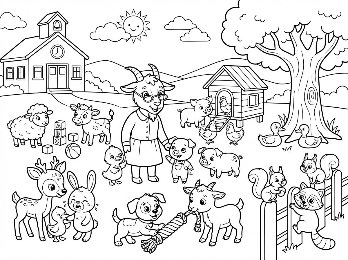 שלום. תכין לי בבקשה תמונה כפרית של חיות כשרות בסגנון קריקטורי עם גננת ופעוטון של חיות וכל כמה חיות בפעילות אחרת. חלק רבים חלק משחקים חלק מרגיעים את הבוכים אחד מושך בשיער של השני וכן הלאה כמה שיותר רעיונות