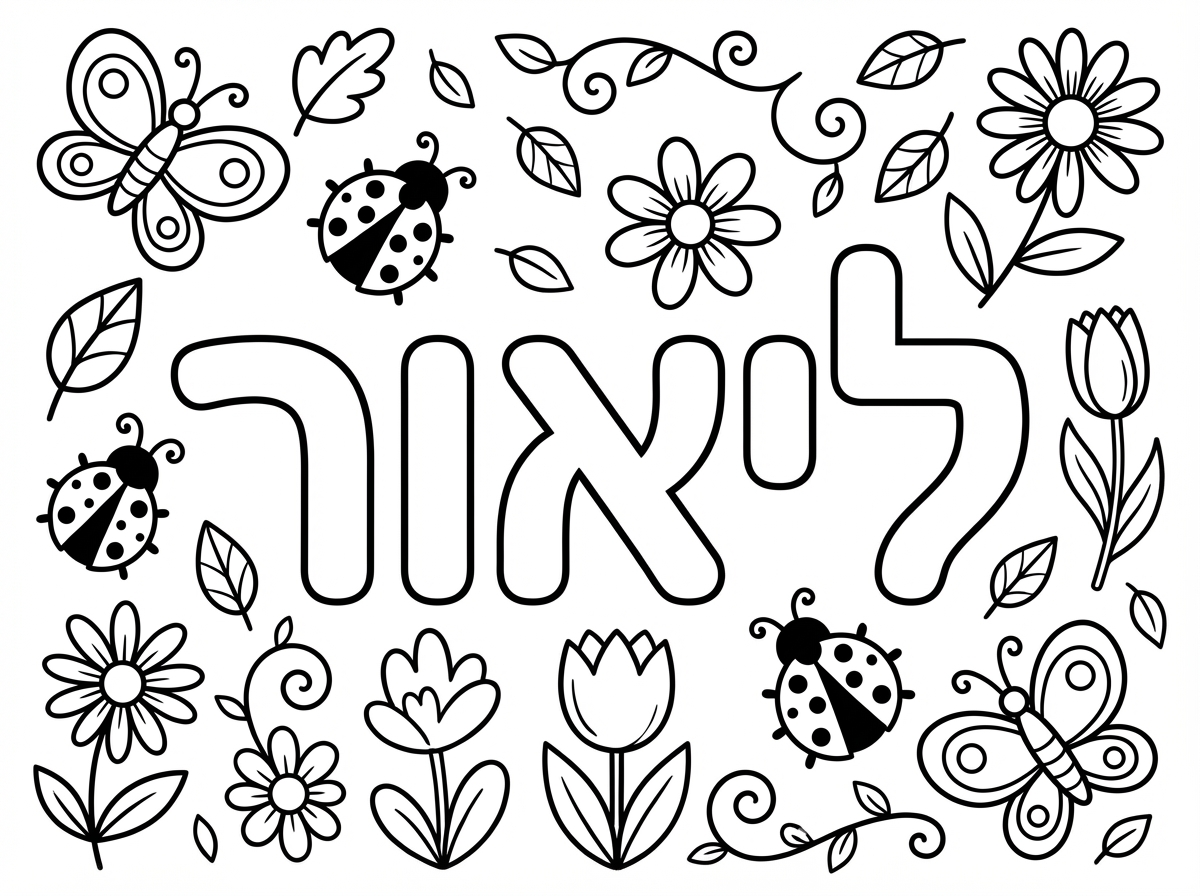 תצור לי דף צביעה עם סמלי האביב כמו פרפרים, חיפושיות, פרחים מסביב ובמרכז הדף תרשום את המילה ליאור עם אותיות חלולות.