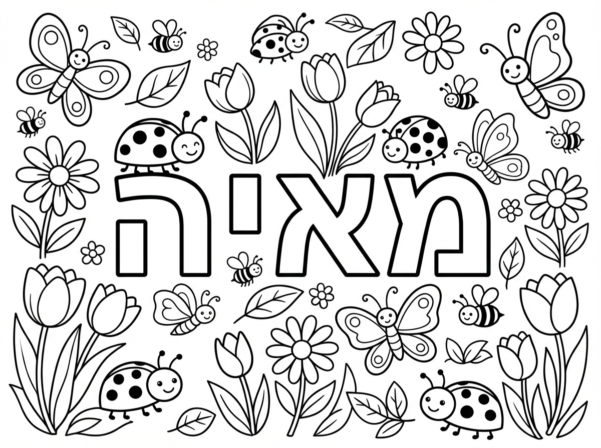 תצור לי דף צביעה עם סמלי האביב כמו פרפרים, חיפושיות, פרחים מסביב ובמרכז הדף תרשום את המילה מאיה עם אותיות חלולות.