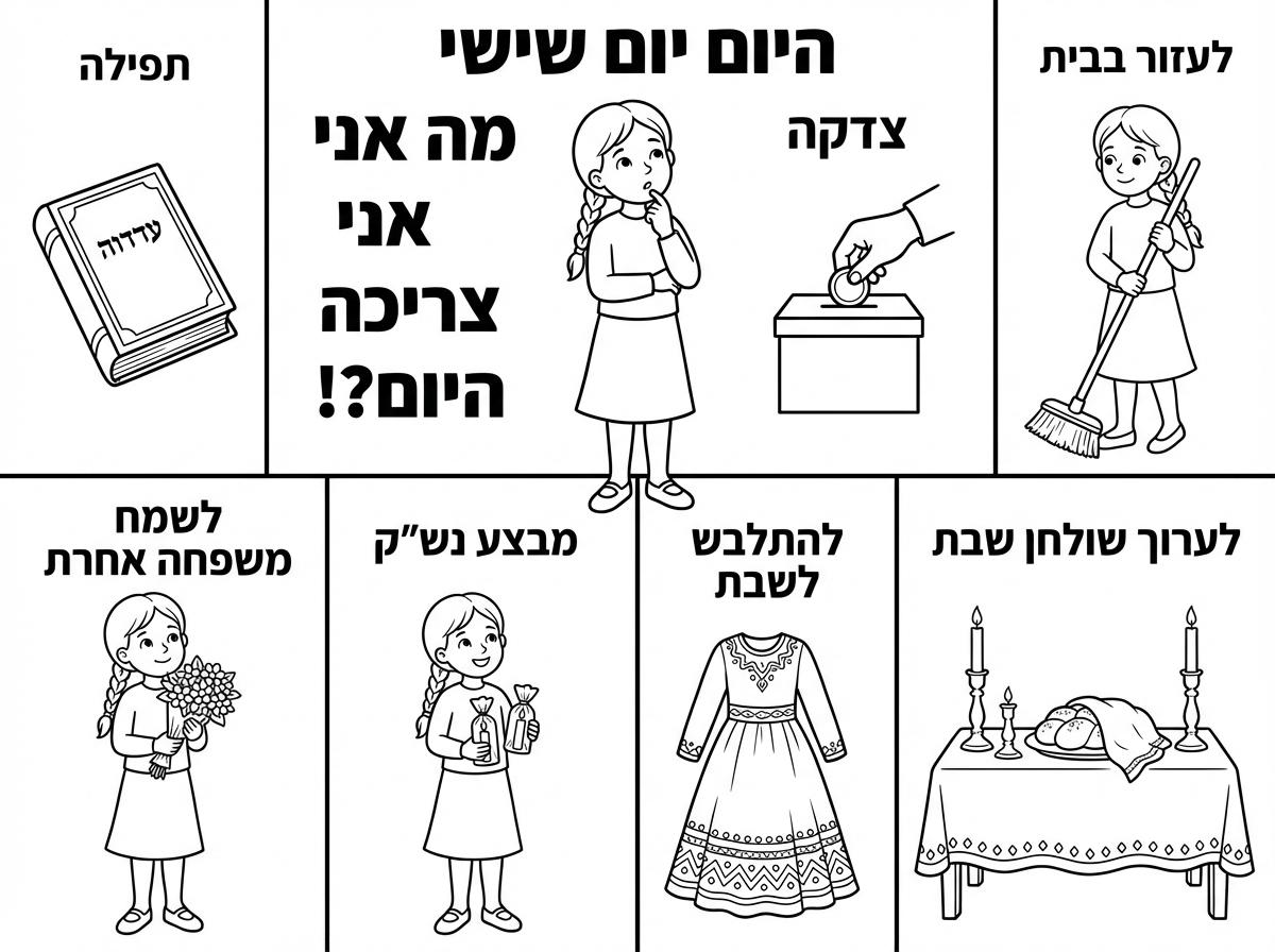 ילדה עם חולצה שמכסה את המרפק
חצאית שמכסה את הברך
עם צמות
גרביונים ונעליים
שמה יד על הפה
חושבת
היום יום שישי
מה אני צריכה לעשות היום?!

תפילה רק המילה תפילה עם סידור 

צדקה
המילה צדקה עם יד עם מטבע וקופת צדקה

לעזור בבית הילדה עם המטאטא

לשמח משפחה אחרת
הילדה מחזיקה פרחים

מבצע נש״ק
להחזיק ביד 2 נרונים ארוזים בצלופן

להתלבש לשבת ציור שמלה ארוכה חגיגית 

לערוך שולחן שבת
ציור שולחן חגיגי
עם שתי פמוטים גדולים ועוד פמוט קטן
הנרות לא דלוקים
שתי חלות עם מפית