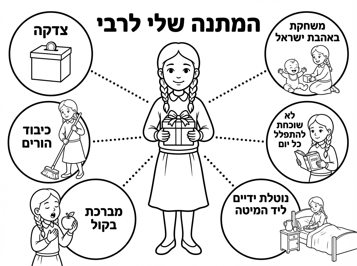 שלום אשמח שתכין לי דף צביעה
בכותרת : המתנה שלי לרבי
בציור: ילדה חרדית עם 2 צמות שרוולים ארוכים, חצאית מכסה את הברך וגרביונים, בידיים מחזיקה קופסת מתנה סגורה. מסביב הילדה בועות , בבועה אחת כתוב צדקה ומאוייר קופת צדקה, בבועה שניה מאוייר ילדה חרדית עם מטאטא וכתוב כיבוד הורים, בבועה שלישית ילדה חרדית מחזיקה תפוח הפה פתוח וכתוב מברכת בקול, בבועה רביעית ילדה חרדית יושבת על המיטה רגליה מכוסות בשמיכה ונוטלת ידיים מתוך קערה וספל המונחות ליידה וכתוב - נוטלת ידיים ליד המיטה, בבועה החמישית ילדה חרדית מחזיקה סידור פתוח וכתוב לא שוכחת להתפלל כל יום, בבועה השישית ילדה חרדית יושבת על הריצפה ומשחקת עם אחיה התינוק  וכתוב משחקת באהבת ישראל