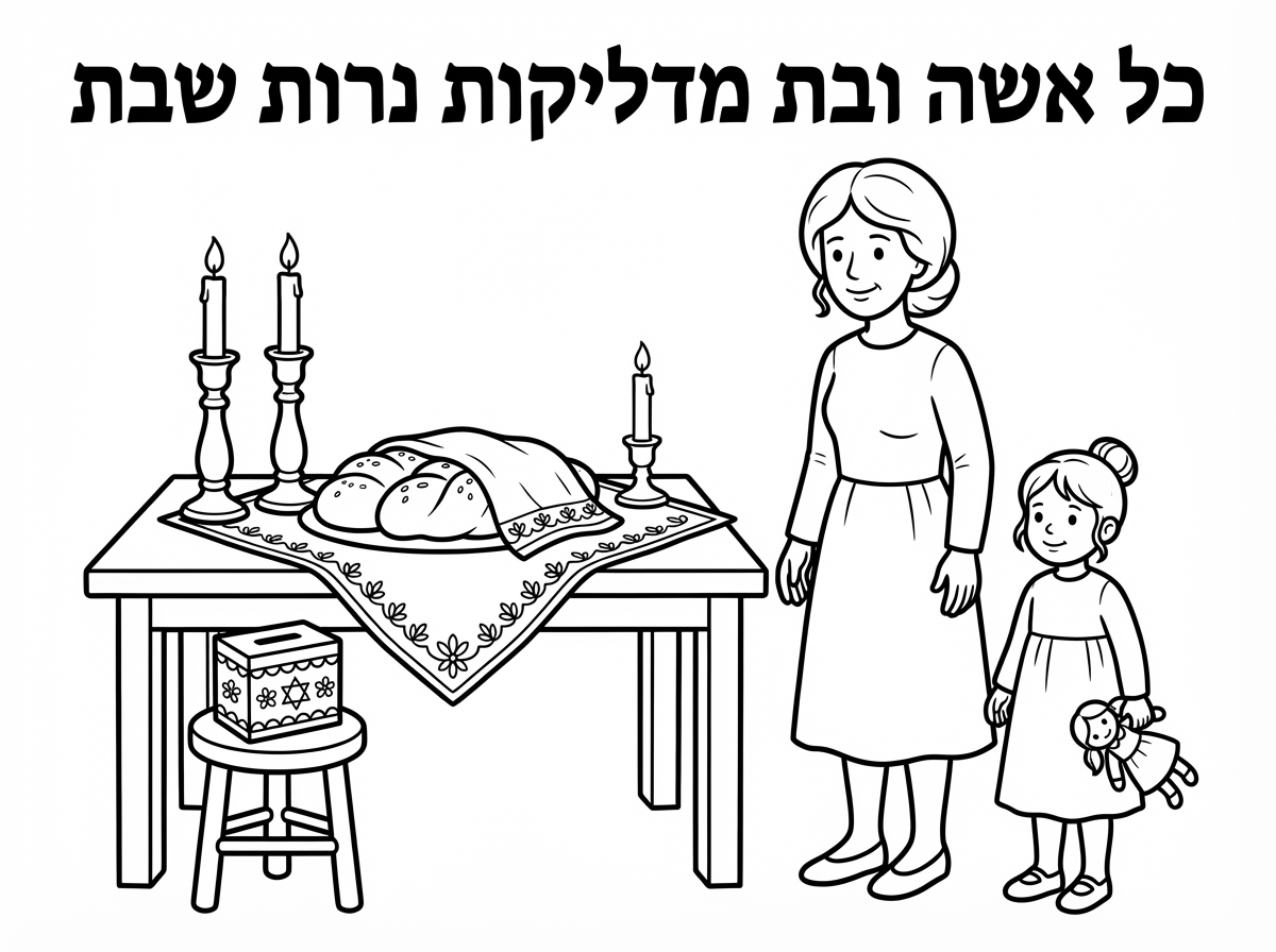 שולחן שבת
שתי חלות עם מפית מעל
שני פמוטים גדולים ופמוט אחד קטן הנרות לא דלוקים
קופת צדקה ליד
אשה עם פיאה וושמלה צנועה וארוכה  עומדת ליד השולחן לידה עןמדת ילדה קטנה עם שמלה של שבת ארןכה גרביונים עם תסרוקת אסופה


כתוב
כל אשה ובת 
מדליקןת נרות שבת