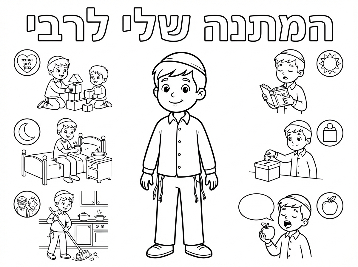 ילד עם כיפה חלקה
חולצה מכופתרת ומכנסיים ארוכים וחוטי ציצית
עומד,באמצע

כותרת
המתנה שלי לרבי

מסביב

משחק,באהבת ישראל
קוביות בלי דובים

מתפלל כל יום
עם סידור

נוטל ידיים ליד המיטה
מיטה עם ספל וקערה על שידה ליד,המיטה

צדקה
קופת צדקה

כיבוד הורים
ילד עם מטאטא

מברך בקול
ילד מחזיק פרי