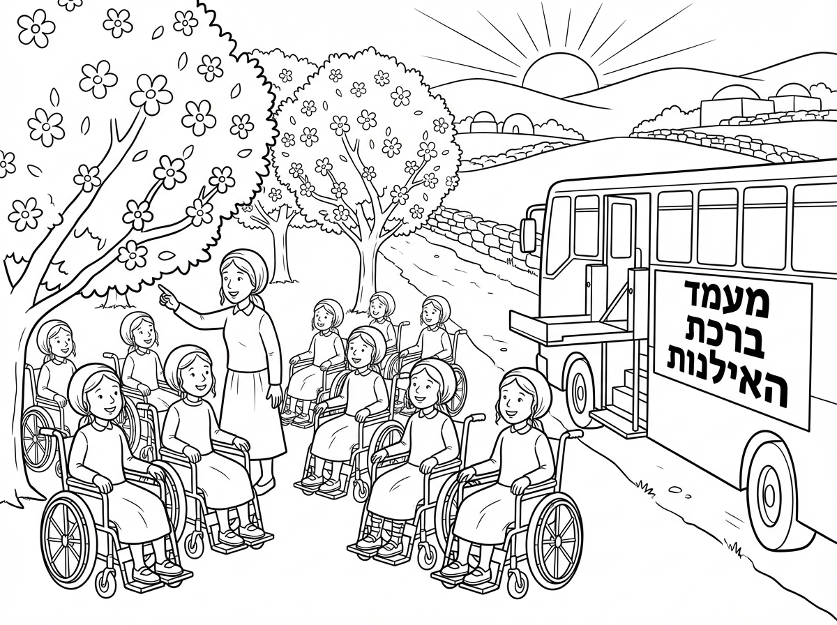 קבוצת 12 ילדות חרדיות עם חצאית נכות על כסא גלגלים עם סדים ברגלים, לכל אחת מלווה חרדית. בברכת האילנות בפרדס עצים מלבלבים, בהרי ירושלים, שמש נעימה בשמים לצידם אוטובוס מיוחד עם מעלון שעליו שלט גדול "מעמד ברכת האילנות" שהביא אותם למעמד.