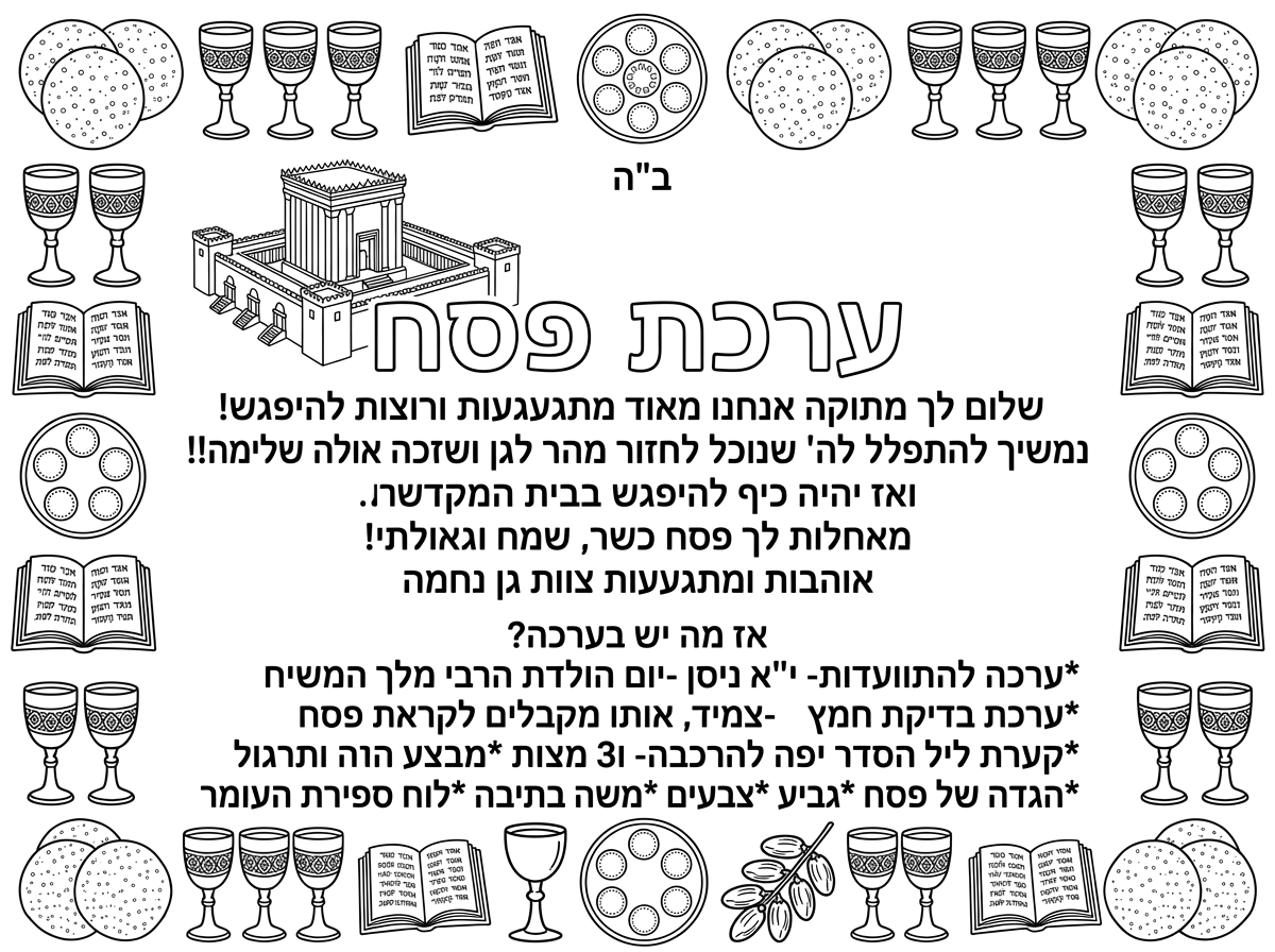 תן לי בבקשה מסגרת של פסח - קבוצות של 3 מצות  , 4 גביעים ללא רגל, סידור פתוח
ובאמצע המלל הבא:
ב"ה                                                          
ערכת פסח (כותרת גדולה)                     
שלום לך מתוקה 
אנחנו מאוד מתגעגעות ורוצות להיפגש!                      נמשיך להתפלל לה' שנוכל לחזור מהר לגן ושנזכה לגאולה שלימה!! ואז יהיה כיף להיפגש בבית המקדש
הכנו לך ערכה מיוחדת להנאתך.
מאחלות לך פסח כשר, שמח וגאולתי!
אוהבות ומתגעגעות ( פה לשים לב)                                                                  צוות גן נחמה
אז מה יש בערכה?
 
*ערכה להתוועדות- י"א ניסן -יום הולדת הרבי מלך המשיח
*ערכת בדיקת חמץ
*חוברת צביעה ותרגול                       *מבצע הכנה 
ופרס -צמיד, אותו מקבלים לקראת פסח                            *קערת ליל הסדר יפה להרכבה- ו3 מצות
*הגדה של פסח
*גביע
*צבעים
*משה בתיבה
*לוח ספירת העומר