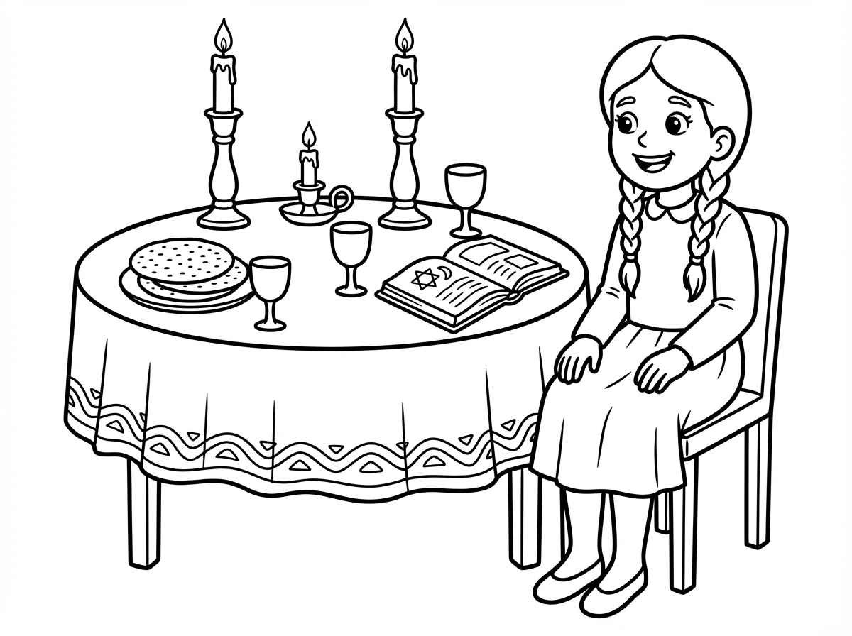 אשמח לציור של ילדה חרדית עם 2 צמות , שרוולים ארוכים , חצאית המכסה את הברך וגרביונים. לידה שולחן עם מפה ועליה 3 מצות עגולות, 4 כוסות ללא רגל , ספר פתוח ו2 פמוטים גדולים עם נרות דלוקים , 1 פמוט קטן עם נר דלוק