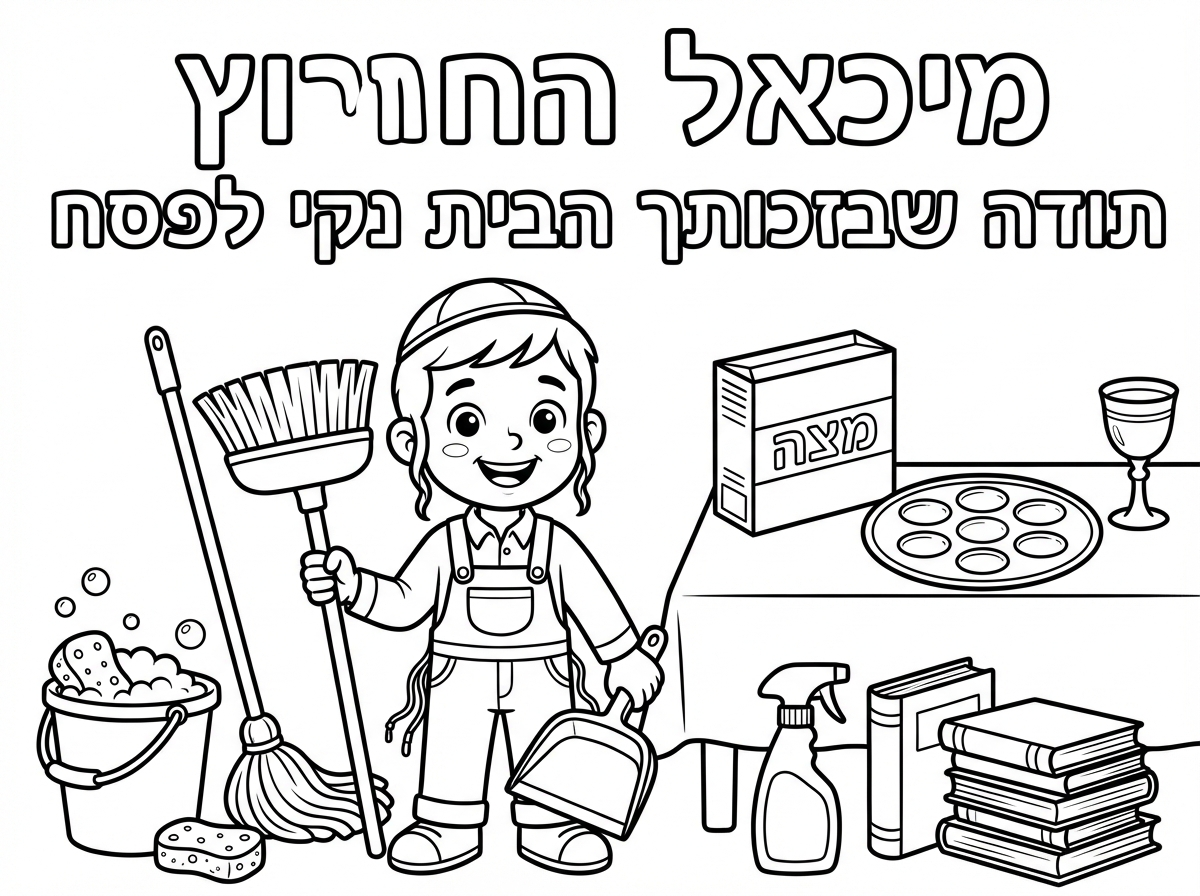 תכין לידף צביעה של ילד עם כיפה וציציות. שכתוב מיכאל בדף מיכאל החרוץ תודה שבזכותך הבית נקי לפסח. 
אותיות לצביעה וציוריםמשקשורים לנריון ולפסח .