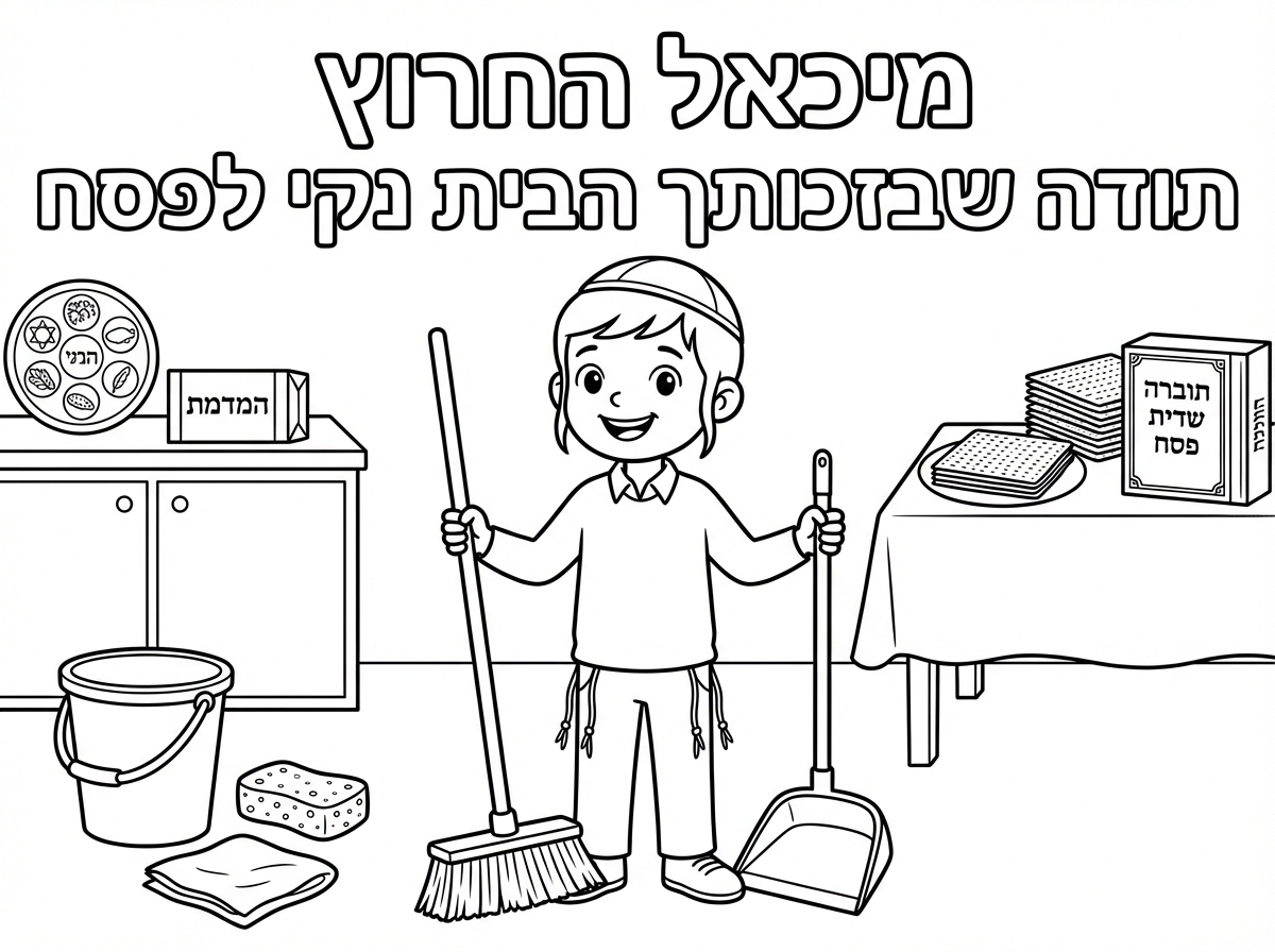 תכין לידף צביעה של ילד עם כיפה וציציות. שכתוב  בדף מיכאל החרוץ תודה שבזכותך הבית נקי לפסח. 
אותיות לצביעה וציוריםמשקשורים לנריון ולפסח .