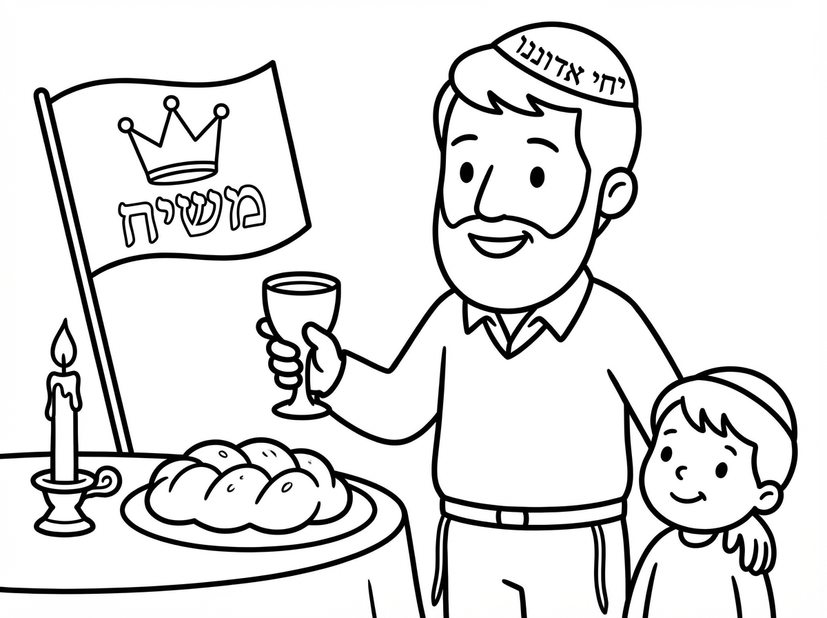 אשמח שתיצור לי דף צביעה לילד בן שנתיים 
שאבא עושה קידוש עם כיפה יחי אדוננו ודגל משיח