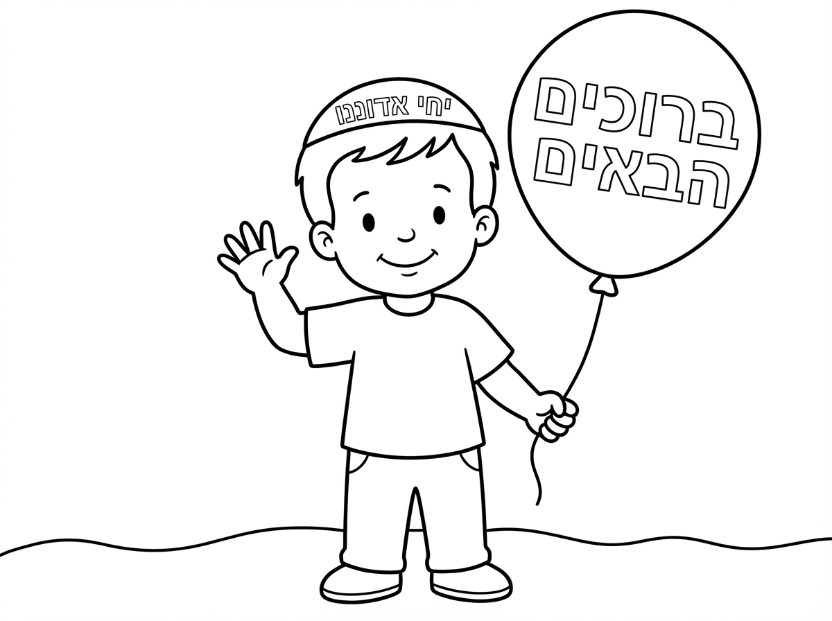 ילד בן שנתיים עם כיפה יחי אדוננו ביד אחת עושה שלום וביד שניה מחזיק בלון גדול שכתוב עליו ברוכים הבאים