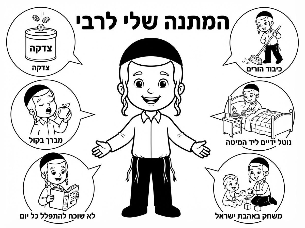 שלום אשמח שתכין לי דף צביעה
בכותרת : המתנה שלי לרבי
בציור: ילד חרדי עם כיפה, פאות משני צידי הראש, וציצית. מסביב הילד בועות , בבועה אחת כתוב צדקה ומאוייר קופת צדקה, בבועה שניה מאוייר ילד חרדי עם מטאטא וכתוב כיבוד הורים, בבועה שלישית ילד חרדי מחזיק תפוח הפה פתוח וכתוב מברך בקול, בבועה רביעית ילד חרדי יושב על המיטה רגליו מכוסות בשמיכה ונוטל ידיים מתוך קערה וספל המונחות ליידו וכתוב - נוטל ידיים ליד המיטה, בבועה החמישית ילד חרדי מחזיק סידור פתוח וכתוב לא שוכח להתפלל כל יום, בבועה השישית ילד חרדי יושב על הריצפה ומשחק עם אחיו התינוק  וכתוב משחק באהבת ישראל