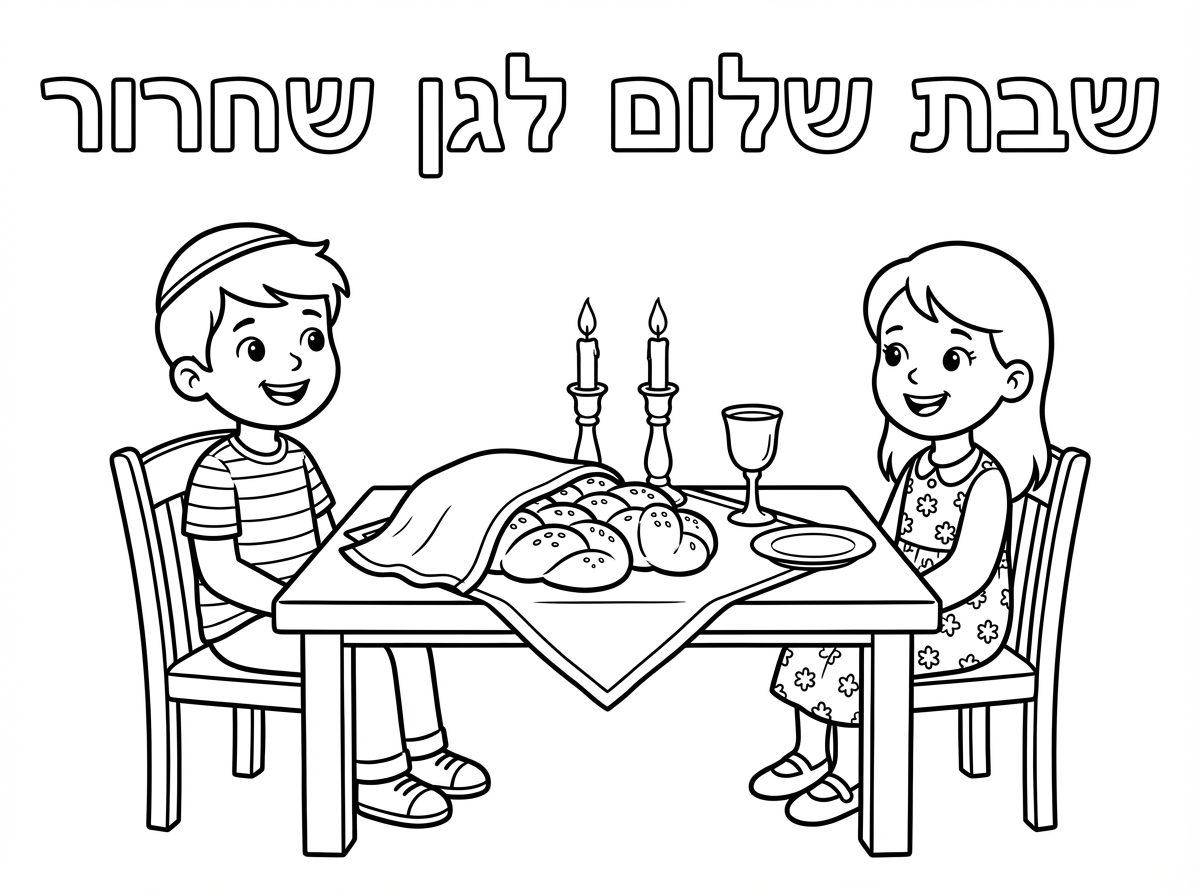 תצייר לי דף צביעה שתי ילדים בן ובת בשולחן שבת שכתוב למעלה שבת שלום לגן שחרור